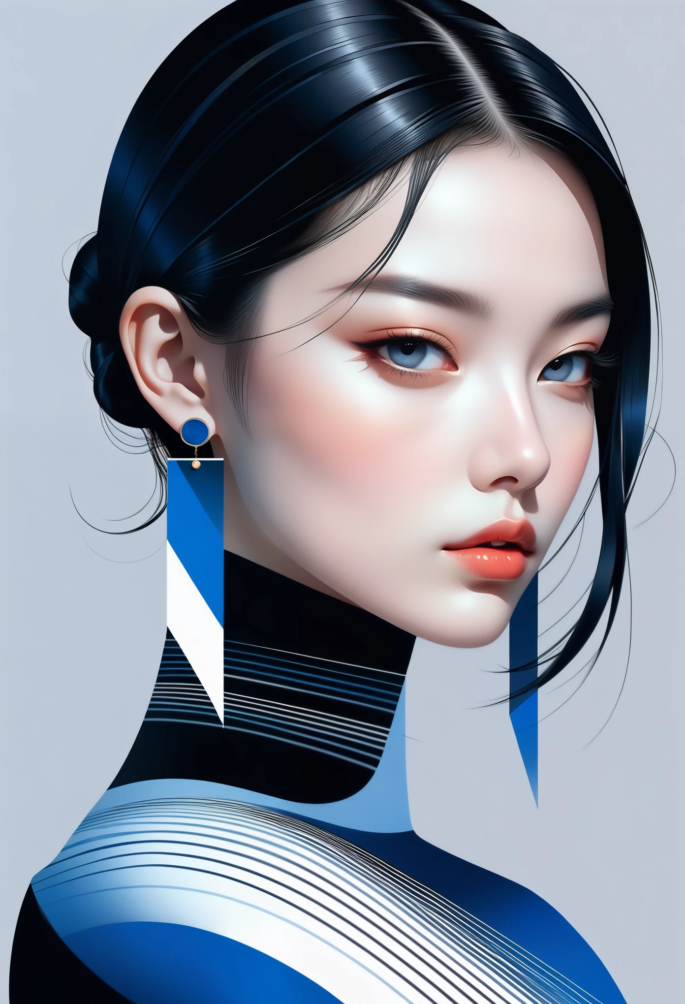 (((vector，flat form style，illustration，数字艺术illustration)))，1 girl，Unique，pretty face，earrings，portrait，Shoulder，Black high neck，Geometric gradients，gradient lines，artistic conception，Abstract，Minimalism，minimalist lines，Portrait drawing，Gray and blue and white porcelain，Rhythmic lines