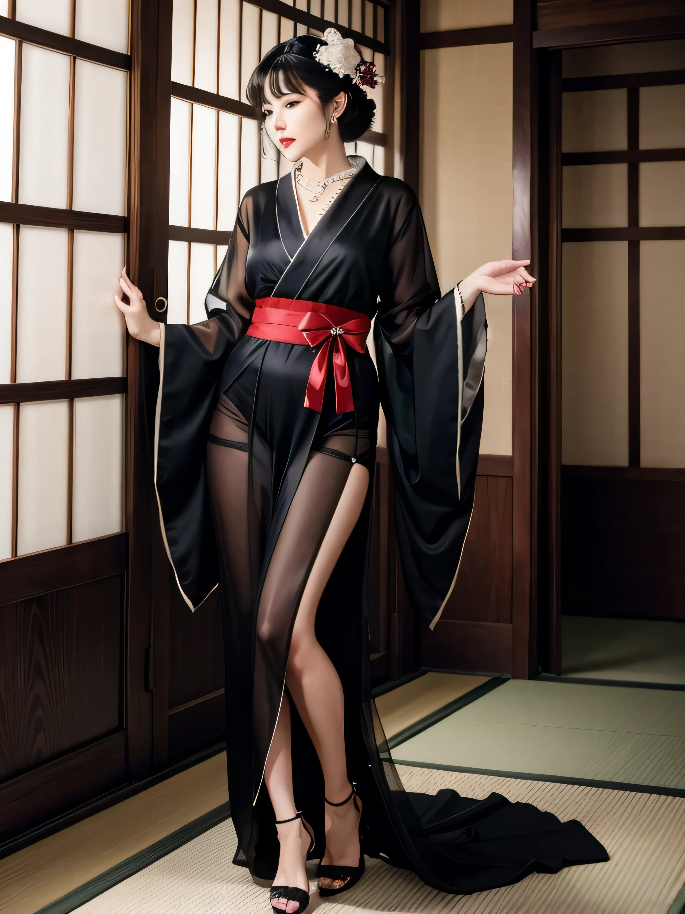 looking at the viewer, Blue eyes, black hair, hair ornaments, Upper body, kimono, kimono, sash, compensate, lipstick, red nails, red lips, Hairpin,silk stockings ,See-through hakama， dark purple eyes，whole body　,Open Crotch See-Through,Black face veil , black nylon , silk stockings ,See-through hakama、A transparent black kimono　,sheer ,enamel high heels,pearl necklace,red collar,straight,　shortcut,　hair ornaments