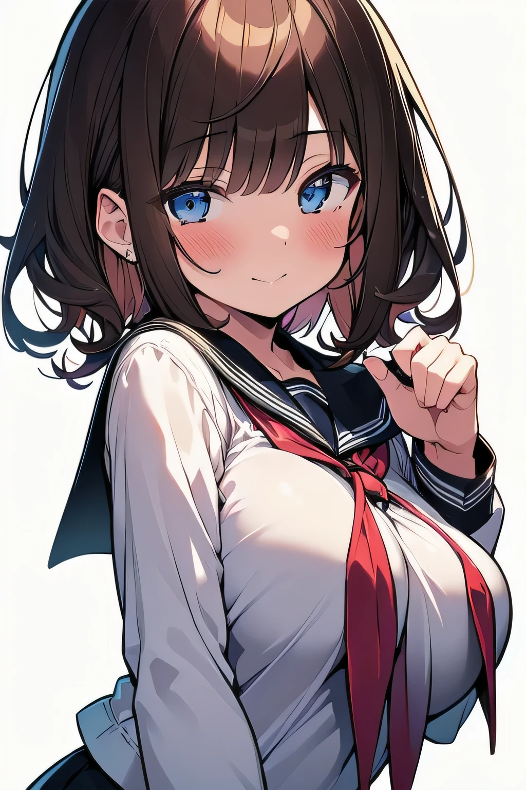 (best quality), (Super detailed), (Best Illustration), (1girl), look at viewer, upper body, (long sleeve, white serafuku), (large breasts:1.2), light smile, blush, brown hair, (bob cut), curly hair, hairs between eyes, blue eyes, (school:1.3),