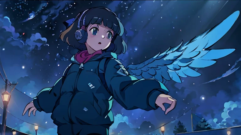 A lone angel with wings on each shoulder wearing a baseball cap floats in the sky.
