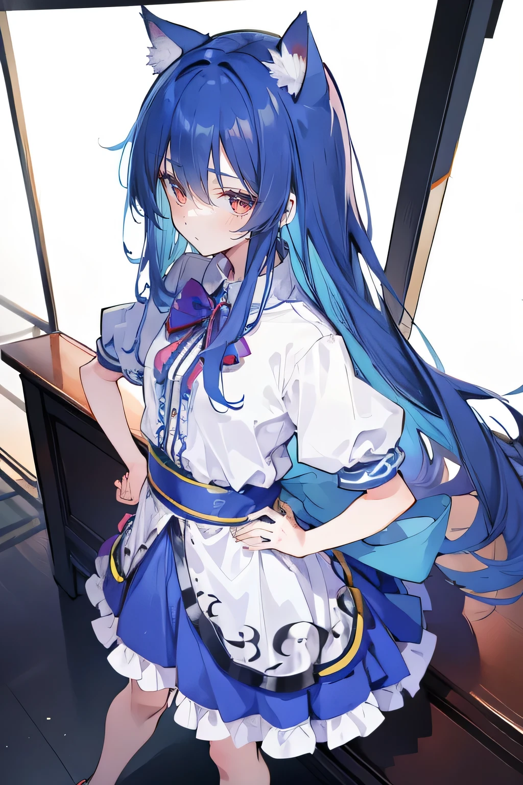 (masterpiece),best quality, expressive eyes, perfect face, 1girl,
 Put your hands on your waist,fair, Gorgeous,Japanese cartoons,girl,lola,Hina Angel, blue hair, blue haired, floating clothes,Grab your waist, Grab your waist, hands on hips , hands on hips,sit, sit on ground, Legs on the ground, flat chest,cat ears,