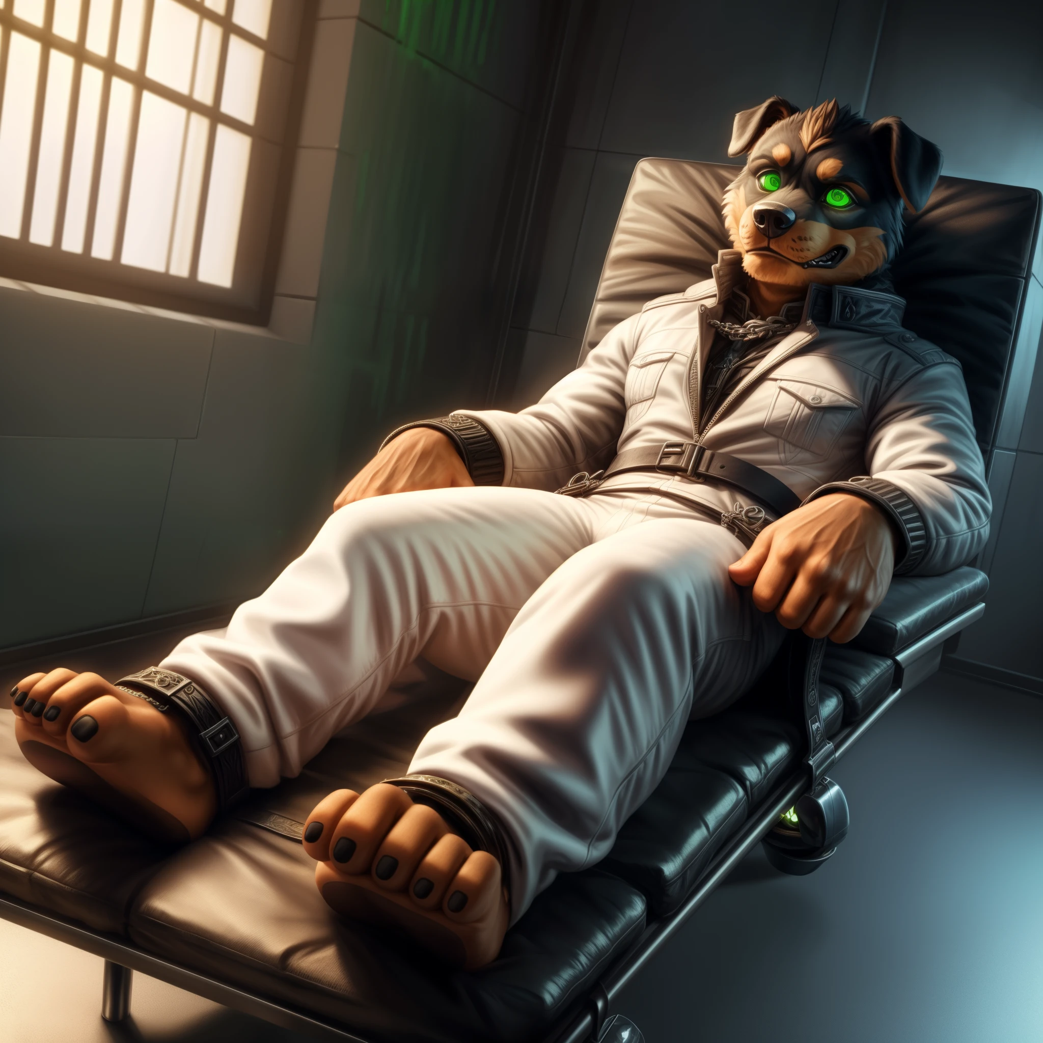 (((Barefoot furry character, full body, cinematic setting, male))) rottweiler in (padded) cell, wears long white pants, ((streightjacket)), hypnotic crystaline pendulum. ((hypnotised)), ((green glow in eyes)). tied to bed. BREAK, detailed background, 8K, (masterpiece:1.5), intricate details, highly detailed, extreme detail, octane render, fine art, best quality, highres, (detailed face:1.5), ((full_body)), UHD, (((perfect hands)))