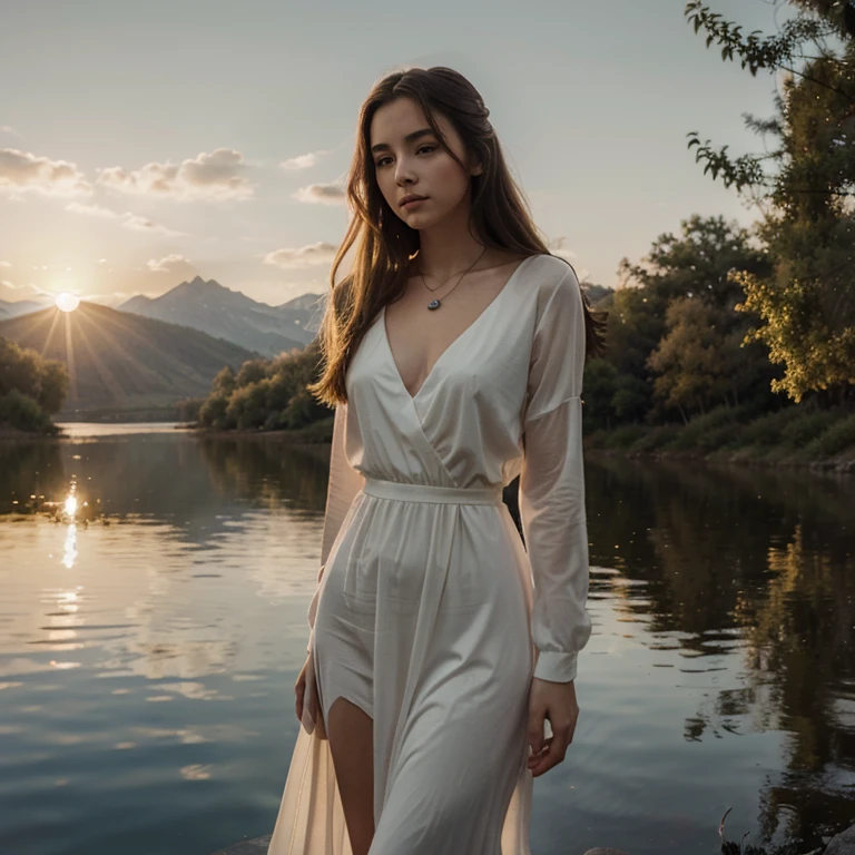 1 girl, serene expression, mesmerizing eyes, straight long hair, flowing dress, poised posture, porcelain skin, subtle blush, crystal pendant BREAK golden hour, (rim lighting):1.2, warm tones, sun flare, soft shadows, vibrant colors, painterly effect, dreamy atmosphere BREAK scenic lake, distant mountains, willow tree, calm water, reflection, sunlit clouds, peaceful ambiance, idyllic sunset, ultra detailed, official art, unity 8k wallpaper , zentangle, mandala
