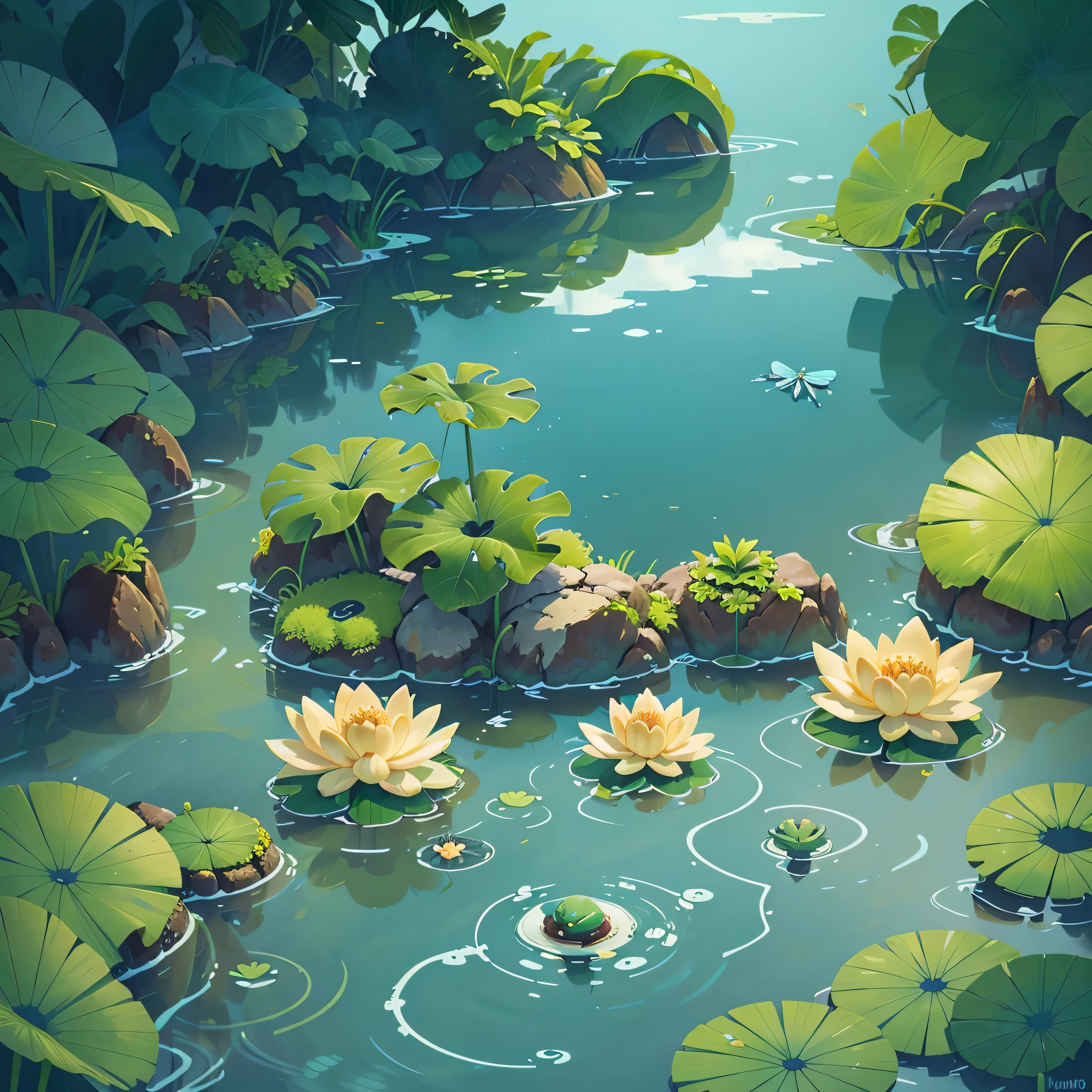 Lotus leaf pool,unmanned,summer,Blue sky and white clouds,dragonfly,HD quality