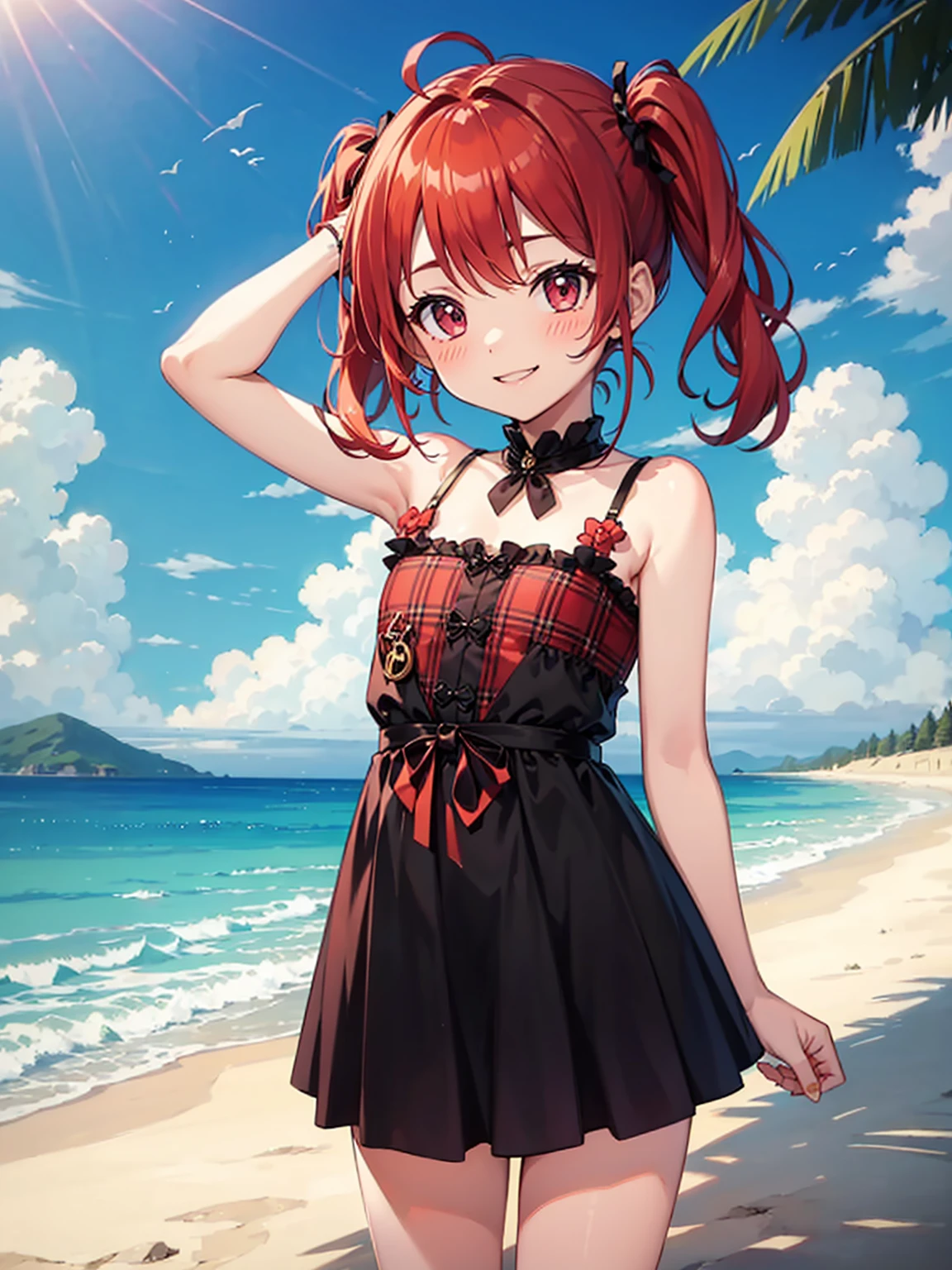 cute, kawaii, , flat chest, red hair, smile, blush, goth, pale skin, thighs,, skirt lift