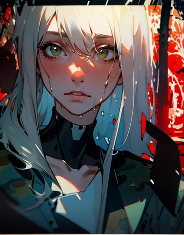A stunningly beautiful young woman in an apocalyptic, devastated world, beautiful silver hair, Camouflage pattern combat suit, Portrait by Willem Henraets, watercolor, Wet-on-wet and splatter techniques, in the center, perfect composition, abstraction, surrealism, masterpiece, cinematic lighting, masterpiece