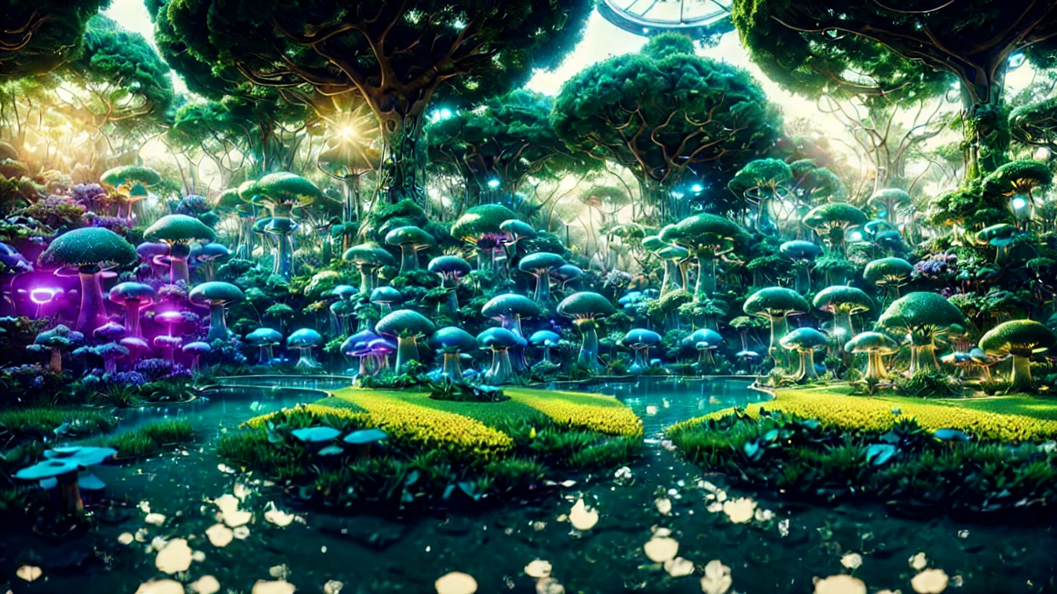 (masterpiece:1.2), (best quality,:1.2), 8k, HDR, Dynamic Angle View, UHD, ultra detailed, ((photorealistic)), (A Beautiful Secret Place), Outside Retro Futuristic Furniture, [So Many Vivid Colors], Futuristic Flower Garden, (Magical Mushrooms Everywhere), professional light, cinematic lighting, fashion photography, ambient lighting, face lighting, OverallDetail, fhanddetail, ffacedetail, ruins  in a magical forest, huge trees, sunlight, godrays, FanFo, 