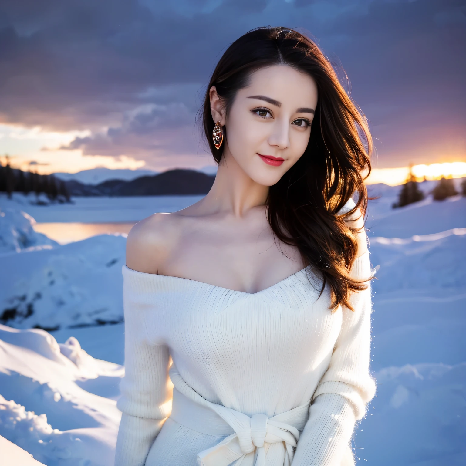 ((top quality、8k、Masterpiece:1.3))、Extremely delicate and beautiful girl,full-body shot,huge breasts,bigger breasts,amazing breast size,H cup,Bare shoulders,Expose a large breast,Expose more breasts。Wear big earrings,Very white skin,moist red lips,Waist is very thin,Thighs are very thin,big butt,fair and smooth skin,Smooth and fair skin,flawless skin,Fair and shiny skin,cold white skin,The camera focuses on the chest,Bright light,white sweater,Lower body exposed,white hair,White hair,heavy snow,snow mountain,sunset,lake,sweet smile,mouth slightly open