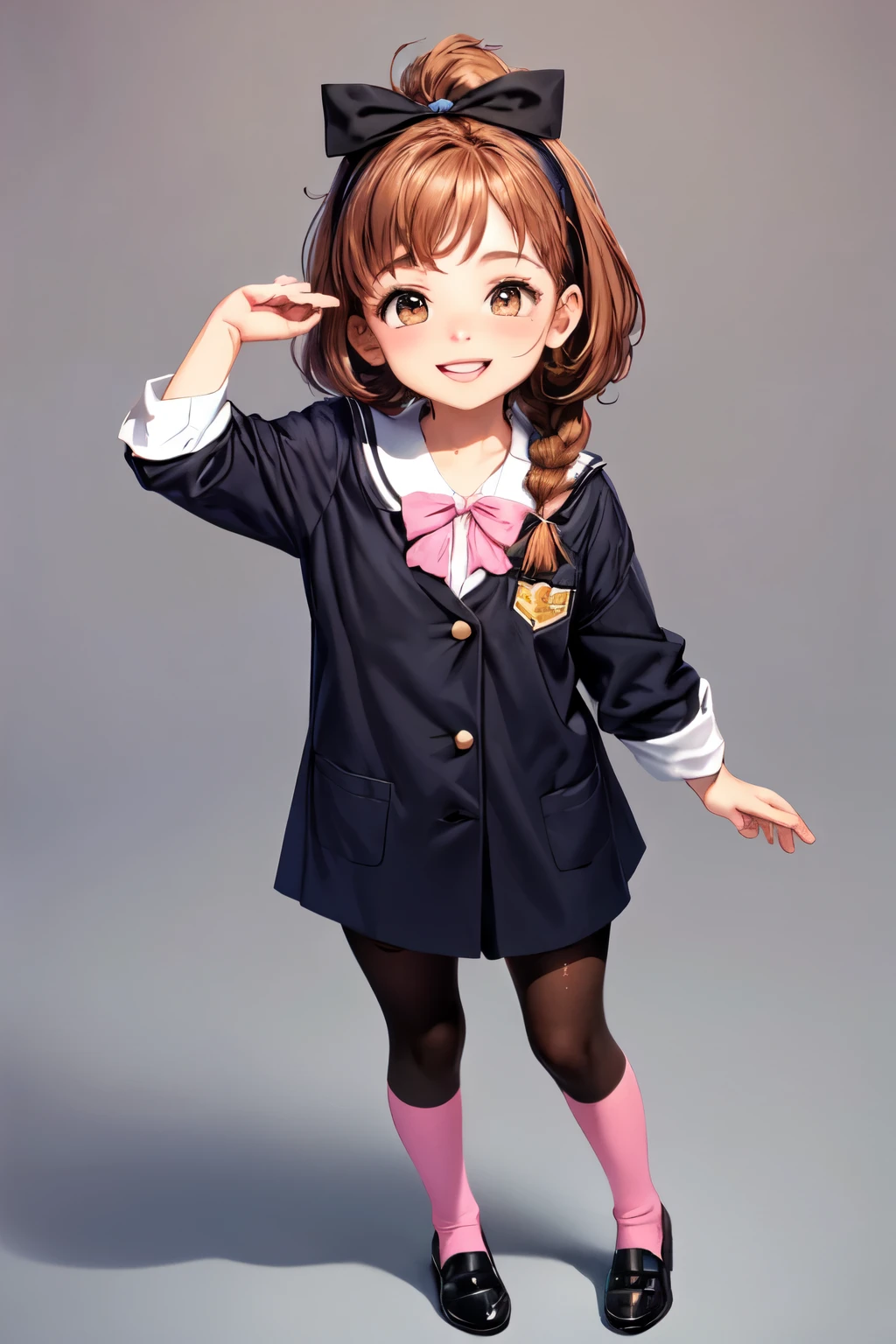 Novel-type digital illustration, estilo semi cartoon, full body drawing around , pelirroja, penada with 1 braid with a big pink bow. hazel brown eyes, muchas pecas visibles en sus mejillas, smiling and warm looking. sonrisa bonita.
uniforme escolar negro y blanco. pink bow on head, falda negra, camisa blanca, saco negro, corbata negra, medias largas blancas, zapatos negros, falda hasta las rodillas