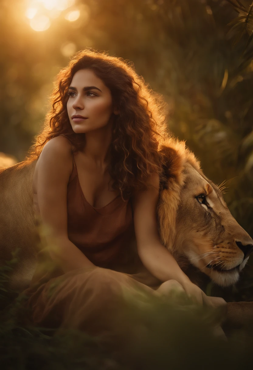 A girl riding on a lion, Illustrations, best quality, ultra-detalhado, Realistic, cores vibrantes, Bokeh, tons quentes, soft lighting, luscious greenery, sela ornamentada, Fechaduras douradas fluidas, majestosa juba, fierce expression, Adventurous Spirit, magical ambiance, golden hour lighting, magical forest, Strong bond between the girl and the lion, olhar cativante, Stunning composition, Mystical aura, Sonho, Inspirado na fantasia, Encantadora.