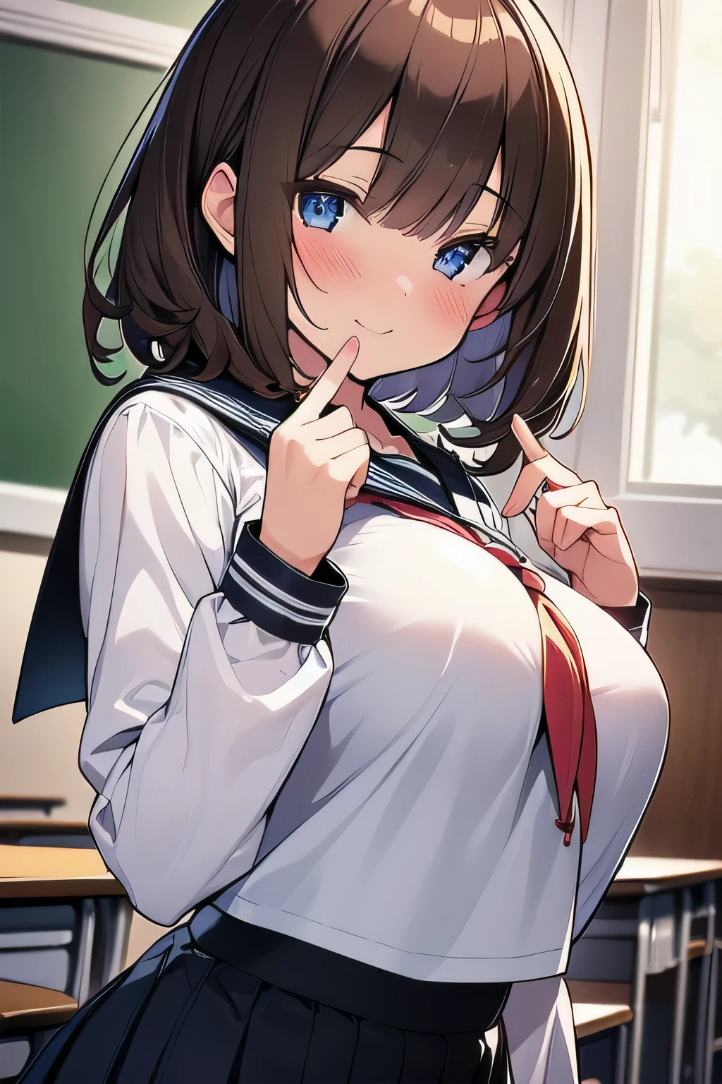 (best quality), (Super detailed), (Best Illustration), (1girl), look at viewer, upper body, (long sleeve, white serafuku), (large breasts:1.2), light smile, blush, brown hair, (bob cut), curly hair, hairs between eyes, blue eyes, (school:1.3),