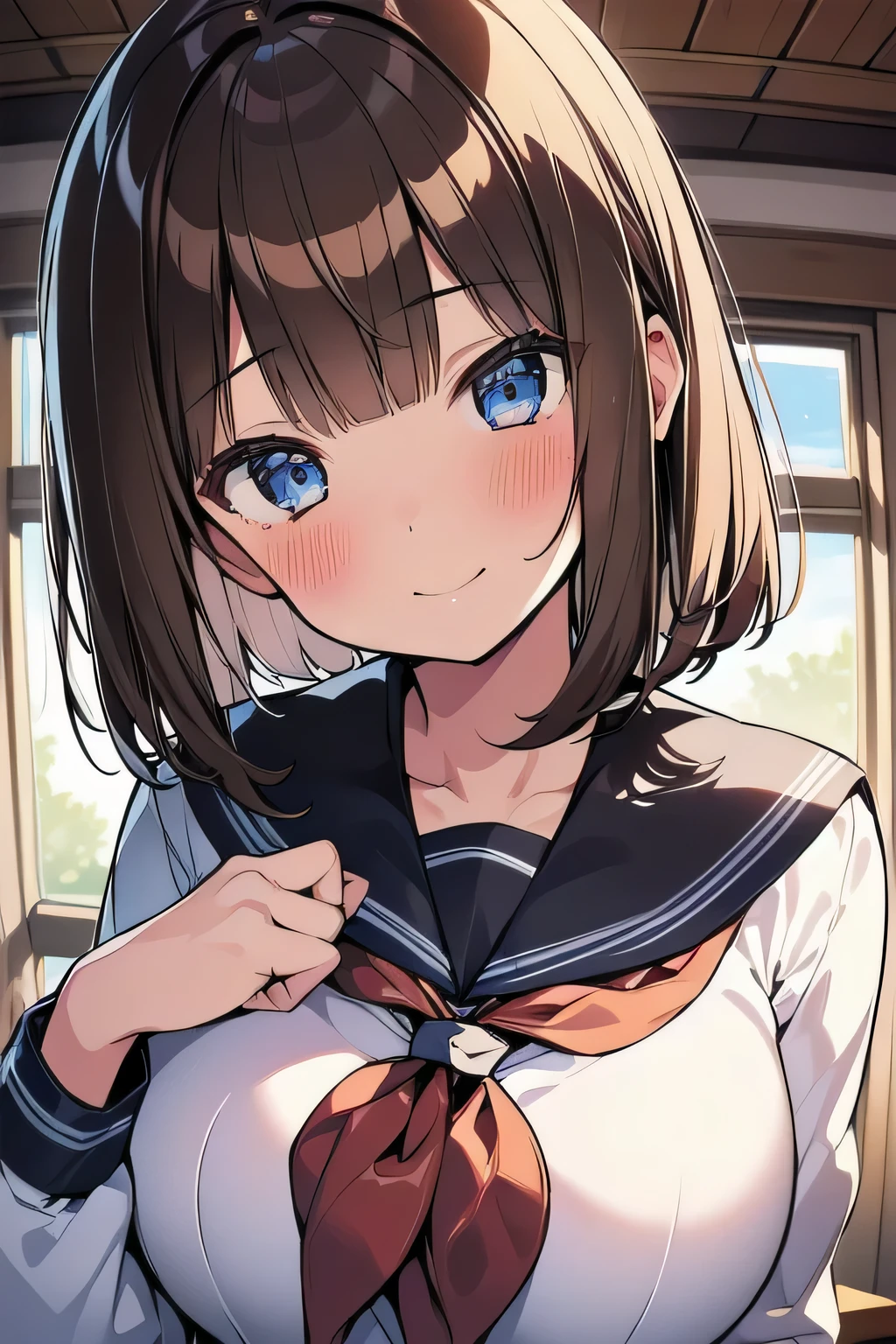 (best quality), (Super detailed), (Best Illustration), (1girl), look at viewer, upper body, (long sleeve, white serafuku), (large breasts:1.2), light smile, blush, brown hair, (bob cut), curly hair, hairs between eyes, blue eyes, (school:1.3),