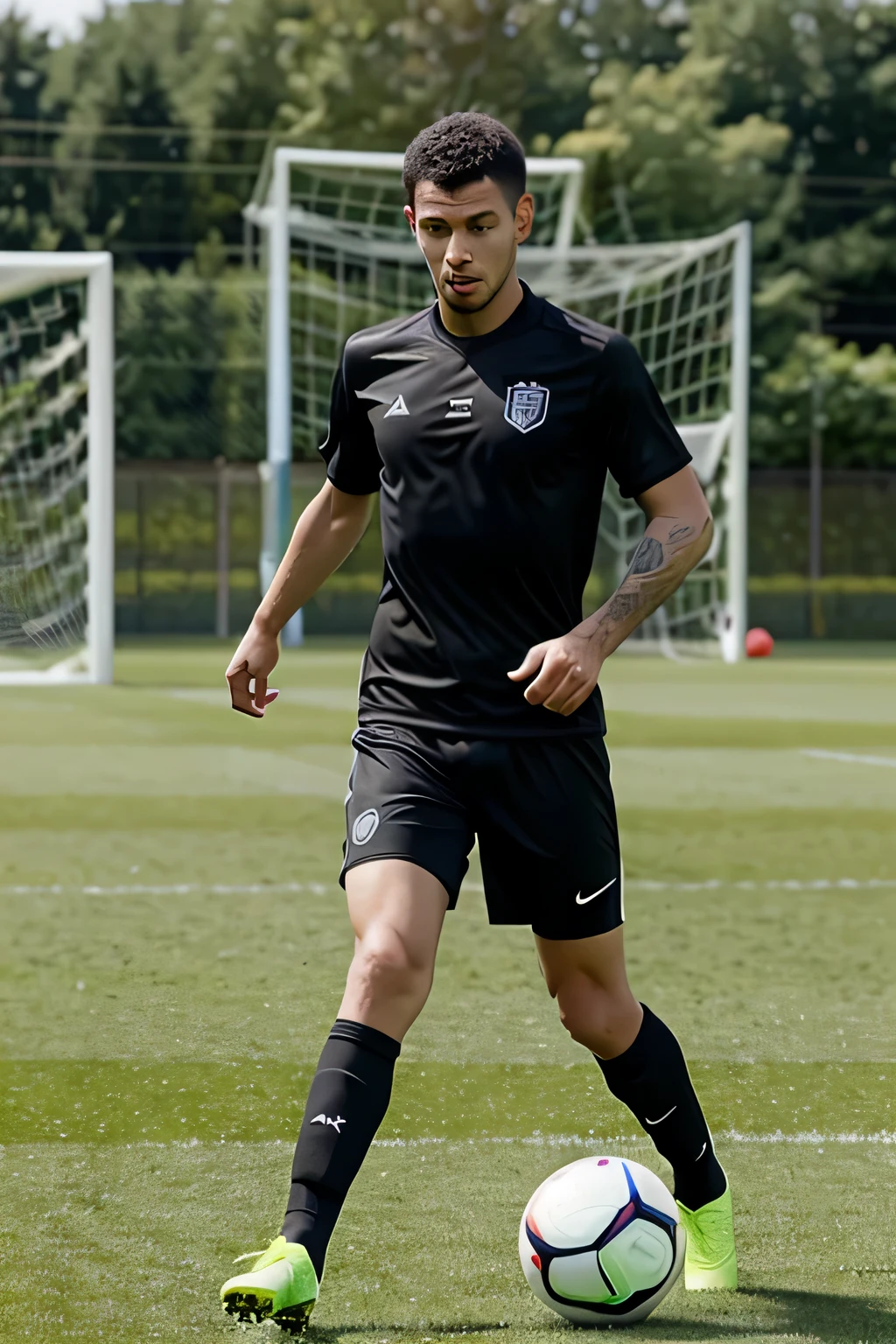 A man is practicing soccer in a training ground,using a black jersey