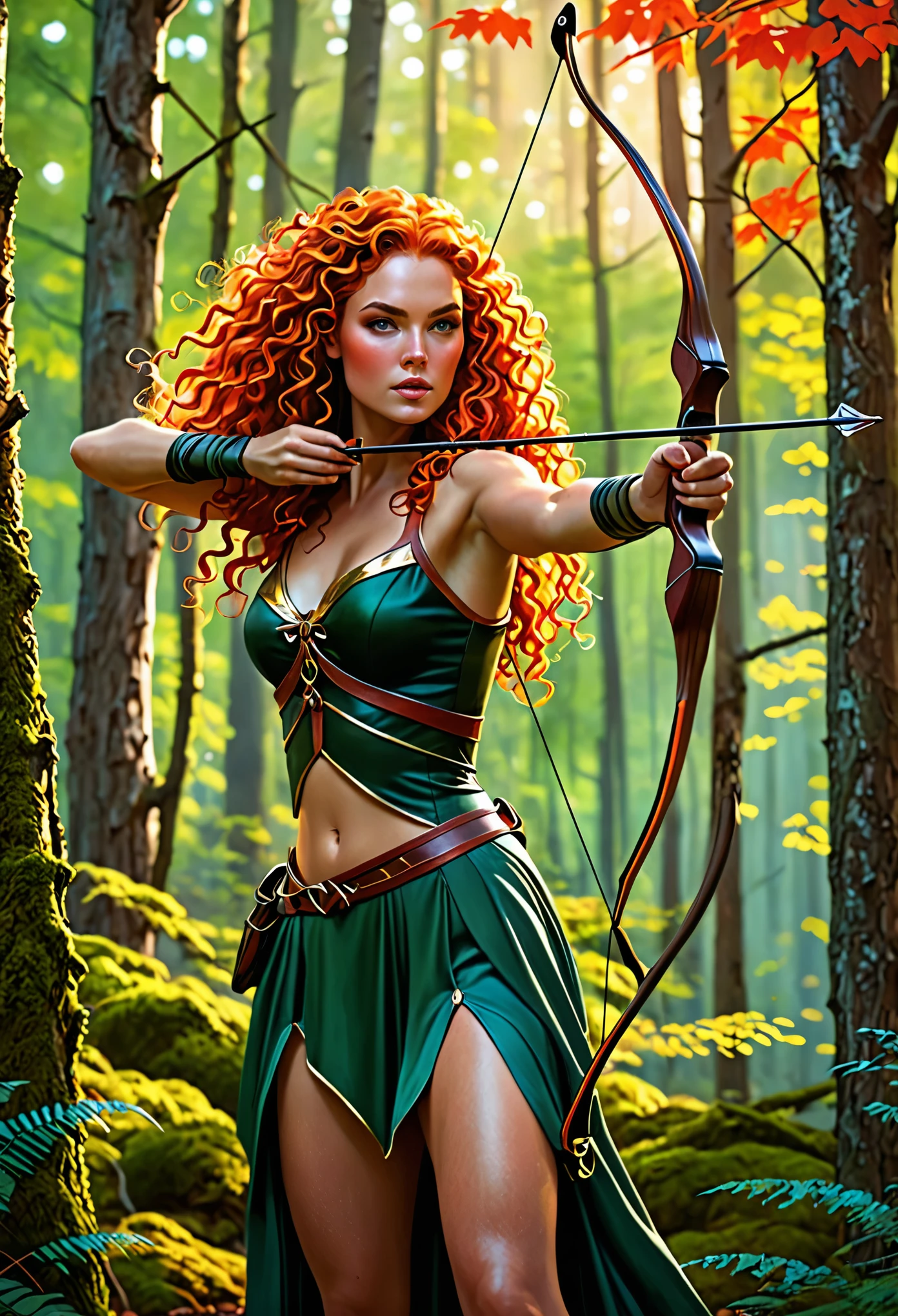 In a vibrant forest, a mesmerizing woman with flowing, fiery curls confidently wields a hunting bow. The realistic details capture her allure, while the concept Art adds a unique twist to the image