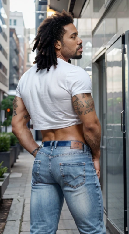  realistic photo of a muscular and masculine man, 25 years old, full body,  formal white metalic tigth jeans, bubble butt, ,  facing the camera. Lenny kravitz backside 
