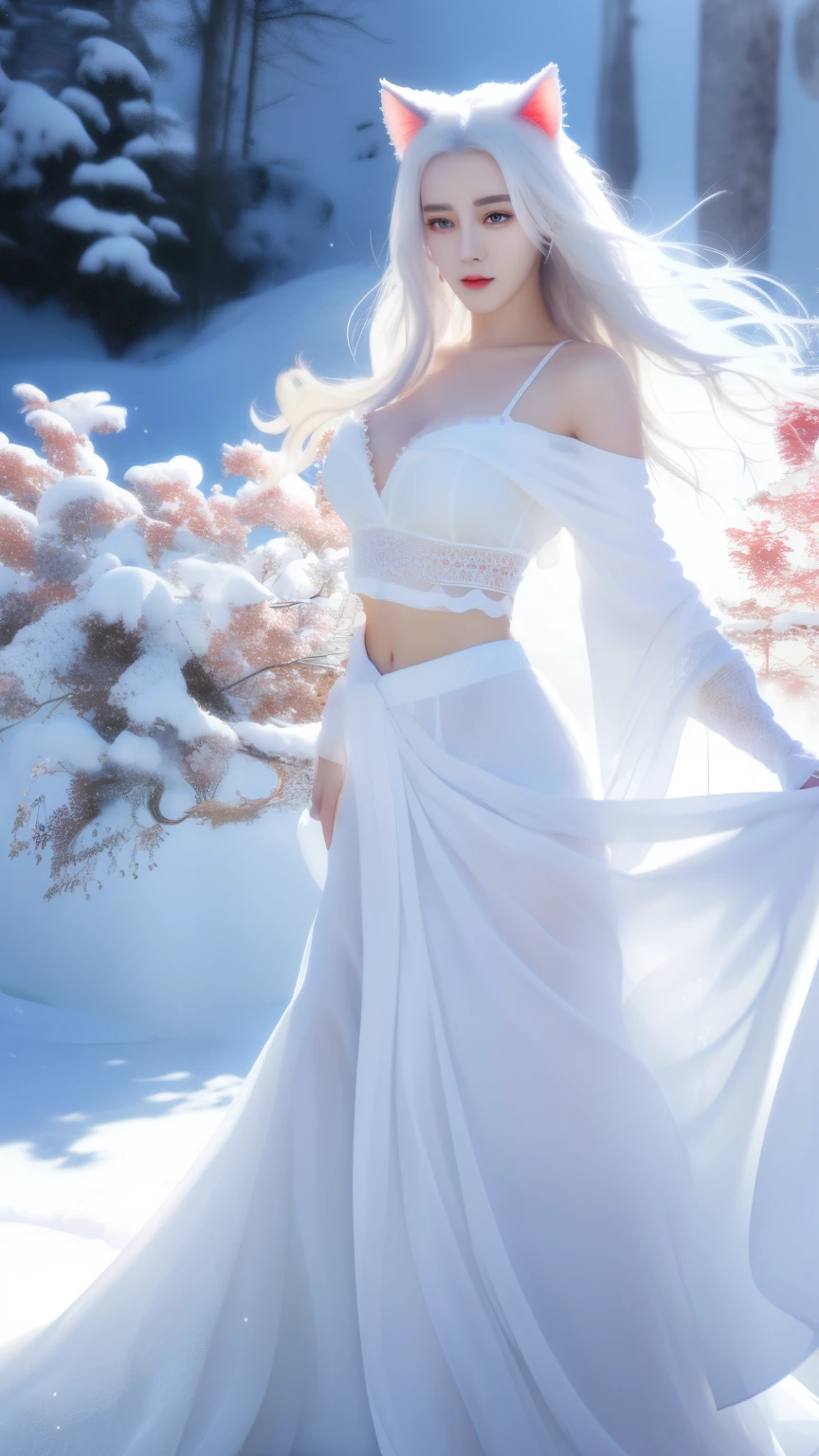 One wearing a white dress、Close-up of woman with cat ears, ethereal beauty, Stunning young and ethereal figure, huge breasts,bigger breasts,Expose more breasts,exposed,Show belly button,flowing white robe, flowing skirt, more sheer skirt,Openwork skirt,There are no shoulder straps,flowing magic robe, beautiful girl, very beautiful top model, Beautiful digital artwork, tall thin beautiful goddess, beautiful goddess, Beautiful fantasy girl, beautiful fantasy art, Smooth digital concept art, Smooth anime CG art,heavy snow,snow mountain,lake,white hair,His face was slightly red,There is a red dot decoration between the eyebrows