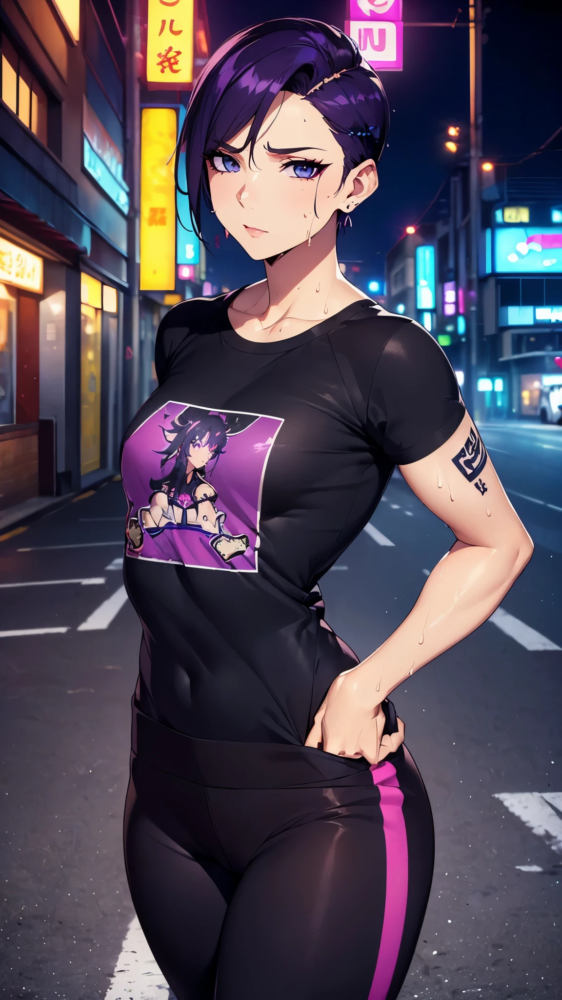 ((8K resolution))、((highest quality))、((masterpiece))、((Super detailed))((((dramatic))), (anatomically correct)、Depth of object being written、look at the camera、one person、one personの女性、front、Thin but muscular body, toned arms, long and thin legs, small breasts、Athletic Presence,(undercut hairstyle)、gold earrings、purple eyes、half closed eyes / Bad mood 、tattoo、(T-shirt、Sweat pants)、(theme、whole body:1.1), ネオンpunkスタイル、punk、サイバーpunk、(background:neon street、City of night)