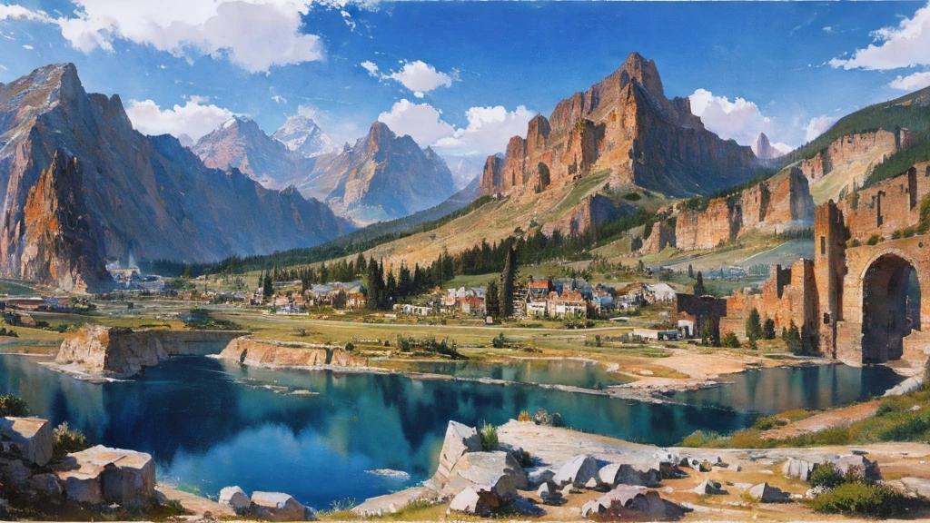 painting,watercolor,cartoon,Giant Mountains,Crystalline Mineral Veins,Mining Town,Large smelter,Picturesque,middle Ages,Shocking scene,middle Ages魔幻,sword and sorcery,The viewing angle is a top-down view