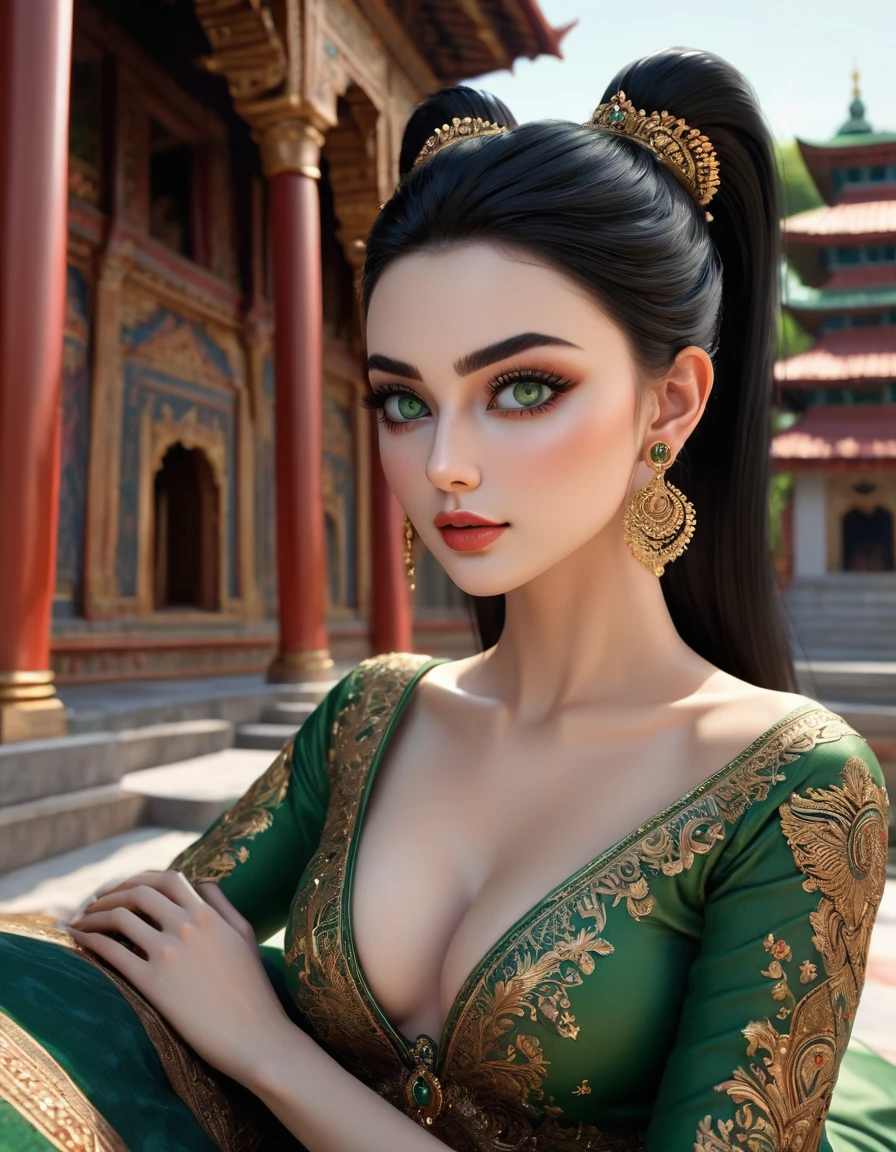 
a girl lies on her side in fullbody on soft pillows in Indian style against the backdrop of an Indian temple, girl, Young adult, [European:caucasian:0.5], age 25, girl height 190 cm, Ectomorph elongated body, slim body, skinny, perfect white skin, Long Diamond type Face, Long slim neck, broad shoulders, long slim thin arms, long fingers on the hands, round forehead, Attached Pointed ears,  Long Sleek Straight Ponytail Slicked back black Hair, Hawk long Nose, Upturned Eyes type, Bold Tapered Eyebrows, Angular Narrow Symmetrical Cheekbones, Hollow Cheeks, Square Chin, Square Jawline, Heart Shaped nude Lips, Smooth Nasolabial Folds, Fine Puppet Wrinkles, (dark green eyes), Cut Crease make up style, Full on Top or Bottom breasts, second breast size, narrow hips, Slim thighs, fitness round ass, toned round butt, long slim fitness legs, V-shaped abs, 8k, vray, IMax, hyperrealism, perfect light, bokeh Carl Zeiss 85mm, small depth of field, photorealistic, masterpiece, high resolution, best quality, cinematic shot, ultra-detailed, super realistic, Hyperrealistic art, high-quality, ultra high res, highest detailed, lot of details, Extremely high-resolution details, photographic, realism pushed to extreme, incredibly lifelike,

atmospheric perspective (focus on face),
realistic skin, soft light, detailed skin, colourful, soft cinematic light, 