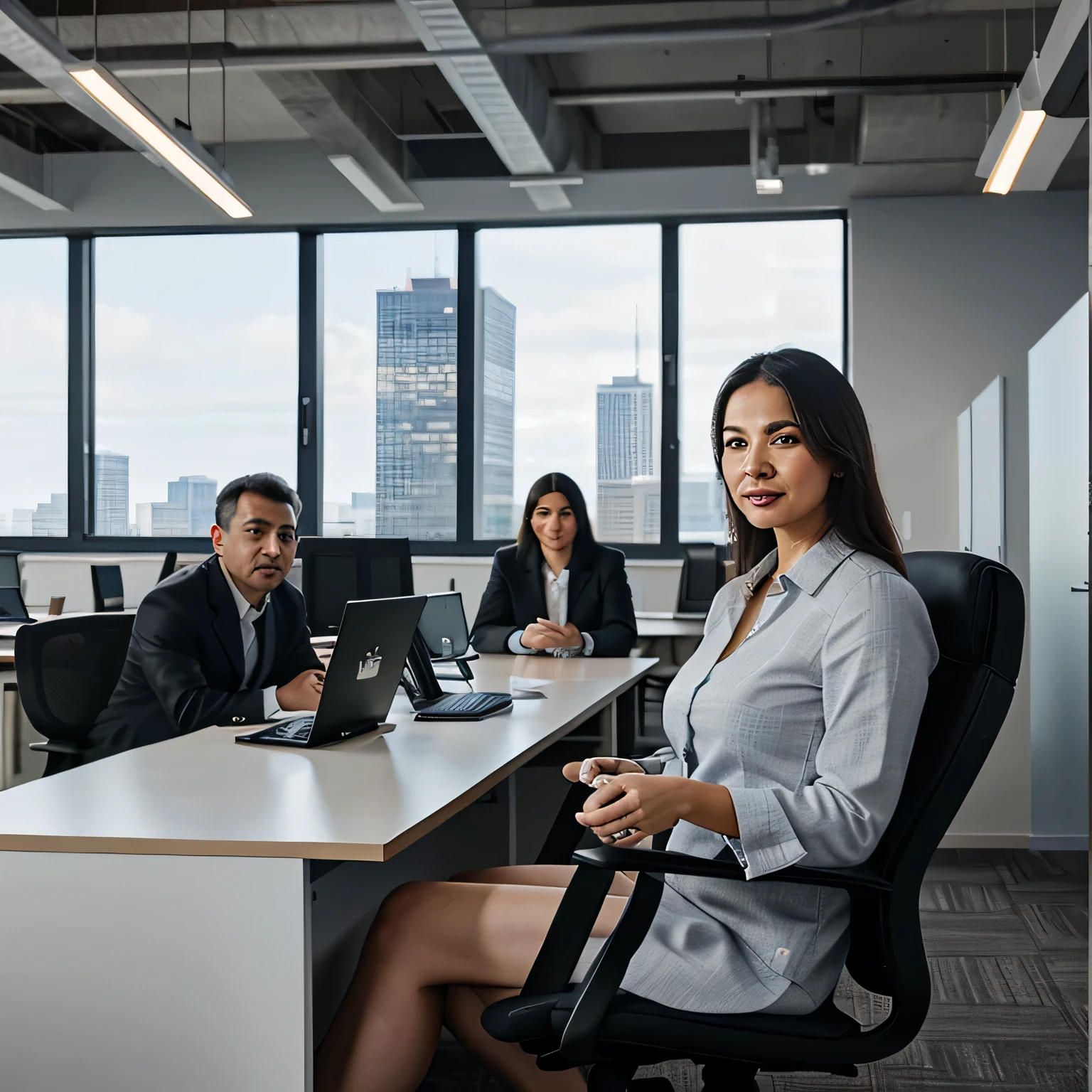 create a realistic, high-resolution (8k) ((best quality)),((detailed)), diverse group of business professionals working together in a modern office environment, perfect face, subtle shadows, Chicago landscape, business casual attire