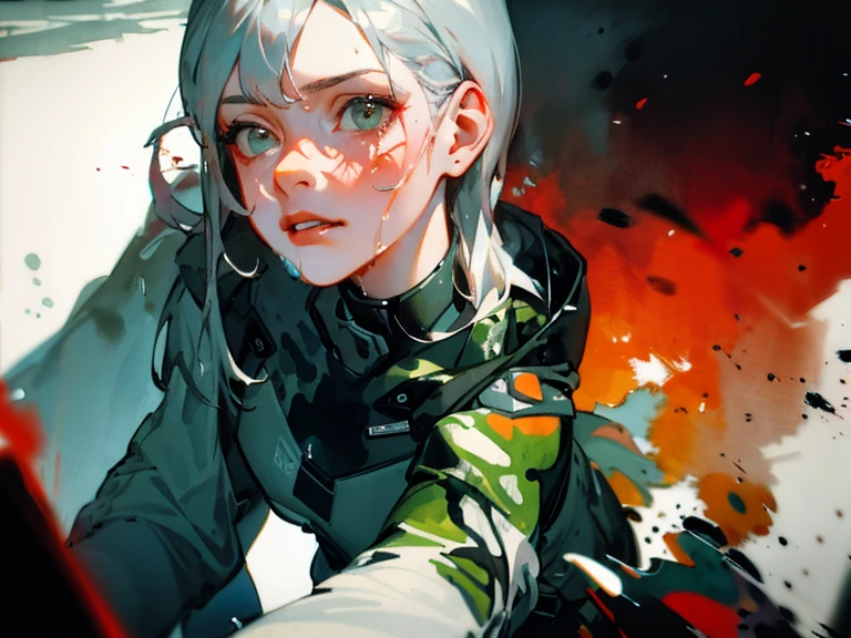 A stunningly beautiful young woman in an apocalyptic, devastated world, beautiful silver hair, Camouflage pattern combat suit, Portrait by Willem Henraets, watercolor, Wet-on-wet and splatter techniques, in the center, perfect composition, abstraction, surrealism, masterpiece, cinematic lighting, masterpiece