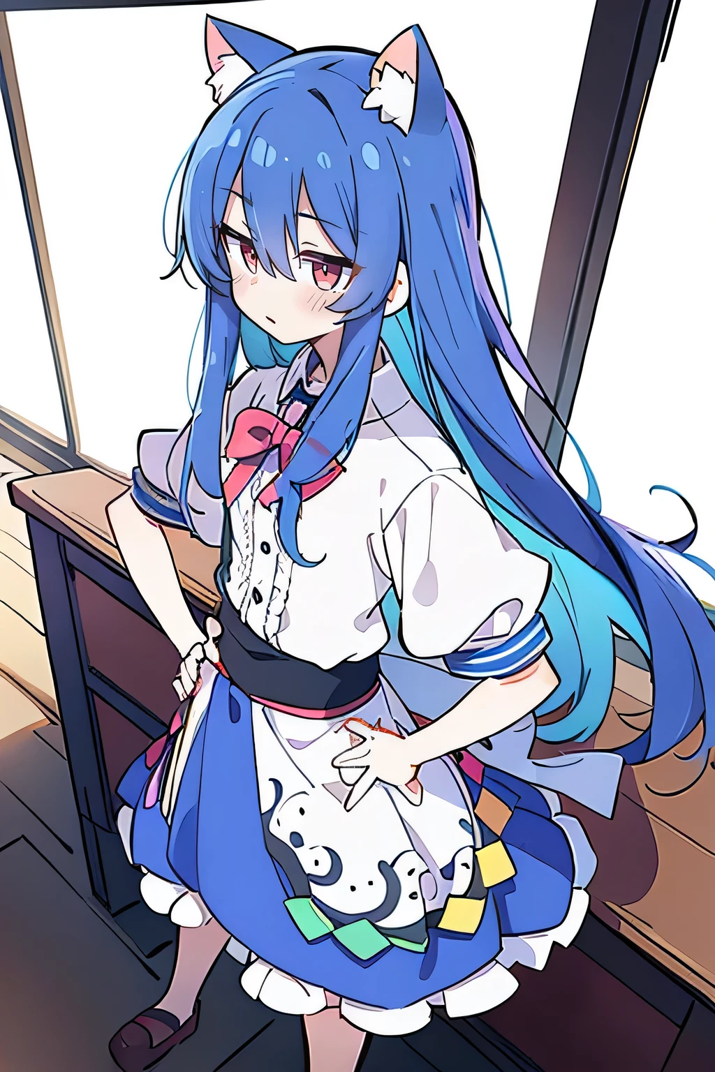 (masterpiece),best quality, expressive eyes, perfect face, 1girl,
Put your hands on your waist,fair, Gorgeous,Japanese cartoons,girl,lola,Hina Angel, blue hair, blue haired, floating clothes,Grab your waist, Grab your waist, hands on hips , hands on hips,sit, sit on ground, Legs on the ground, flat chest,cat ears,
