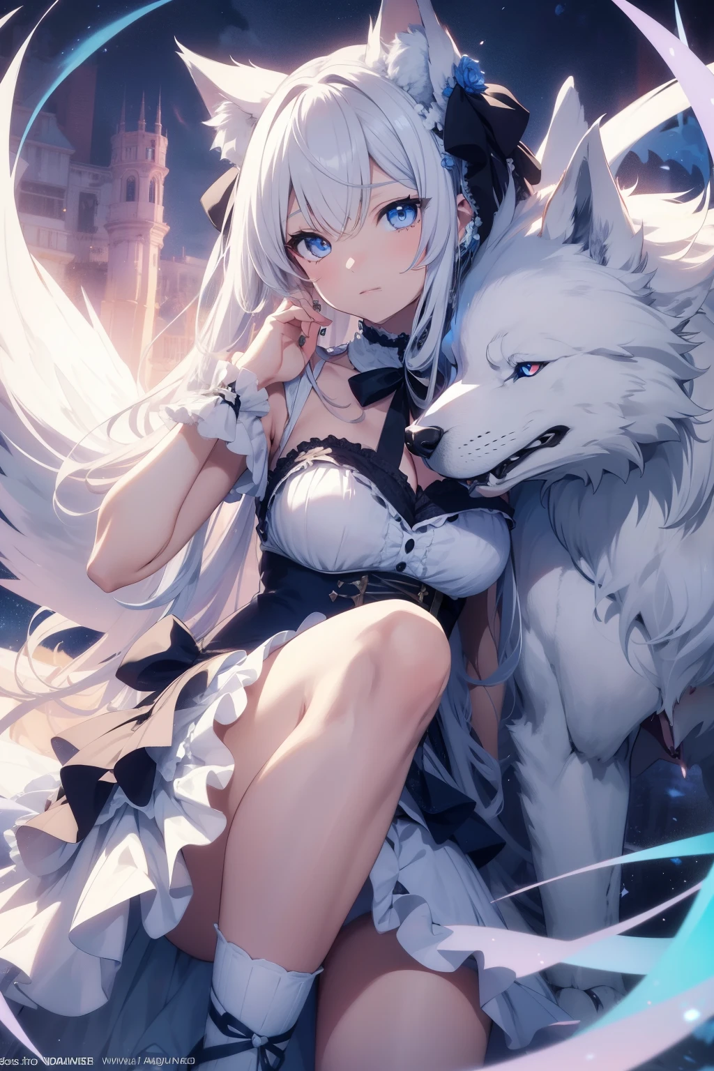 Anime girl, clad in a frilly skirt and ribbon, proudly sits atop a giant, fierce white wolf with piercing blue eyes. Her alluring pose is incredibly girly and cute, showcasing her unrealistically feminine anatomy and expressing her breathtakingly gorgeous features in the anime style. Hyper-detailed and high definition, this HDR 8k image radiantly captures every intricate line and curve, as if bringing the scene to life in a surreal, vibrant world. The anime girl's arms are wrapped tightly around the wolf's neck, and her tiny waist contrasts starkly with the beast's impressive size. Together, they form