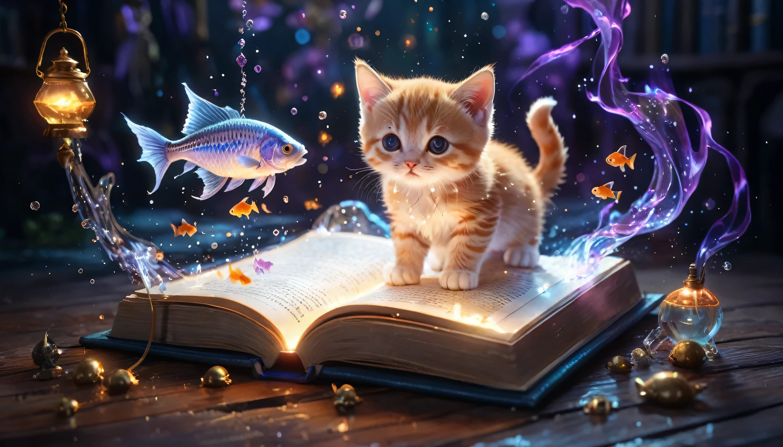 amazing quality, masterpiece, best quality, Super detailed, Super detailed, ultra high definition, perfect anatomy, magical world,
(kitten and fish:1.4), Fish in the air, spell magic to get fresh fish as food,( Fish jumping out of the magic book:1.3), energy flow,
The whole body of a cute kitten, kawaii, wearing witch robes, witch hat, holding magic book, Magic book in one hand, spell magic,
Very detailed,
glowing neon light, luminescent,