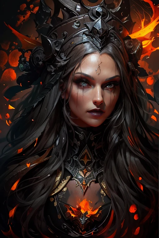 Lilith's descent with her black wings, face sharp as from a photo of high resolution (detailed face), full body, (whole body), with an aura of fire, with several small demons around her. Exclusive style of D14bl0, extremely detailed and high quality, 8k, cinematic, no serration, strokes and a famous artist, no blurred image, very well done strokes, no deformation in the eyes, mouth and nose, all drawn perfectly, leonardo da vinci style.