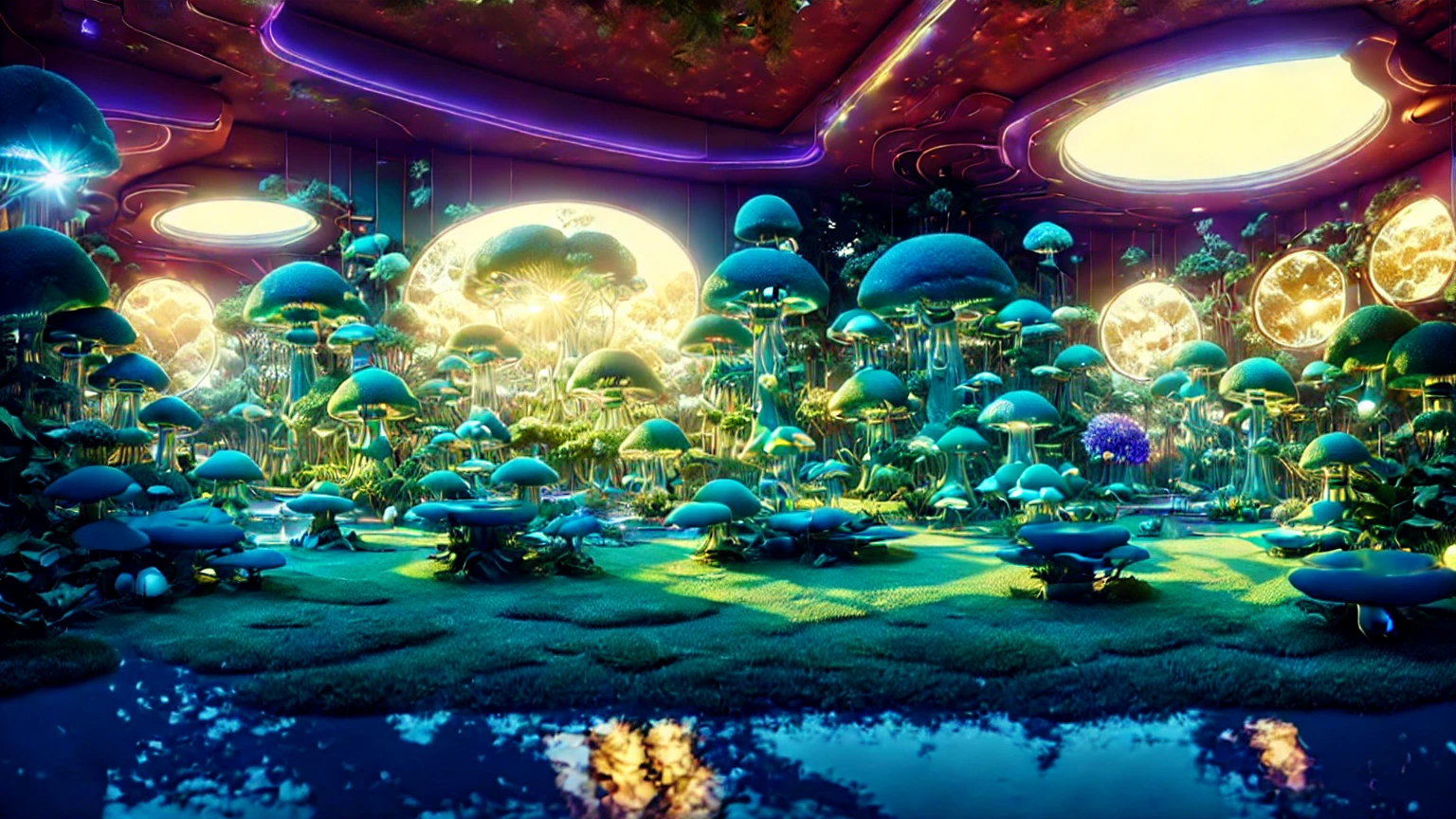 (masterpiece:1.2), (best quality,:1.2), 8k, HDR, Dynamic Angle View, UHD, ultra detailed, ((photorealistic)), (A Beautiful Secret Place), Outside Retro Futuristic Furniture, [So Many Vivid Colors], Futuristic Flower Garden, (Magical Mushrooms Everywhere), professional light, cinematic lighting, fashion photography, ambient lighting, face lighting, OverallDetail, fhanddetail, ffacedetail, ruins  in a magical forest, huge trees, sunlight, godrays, FanFo, 