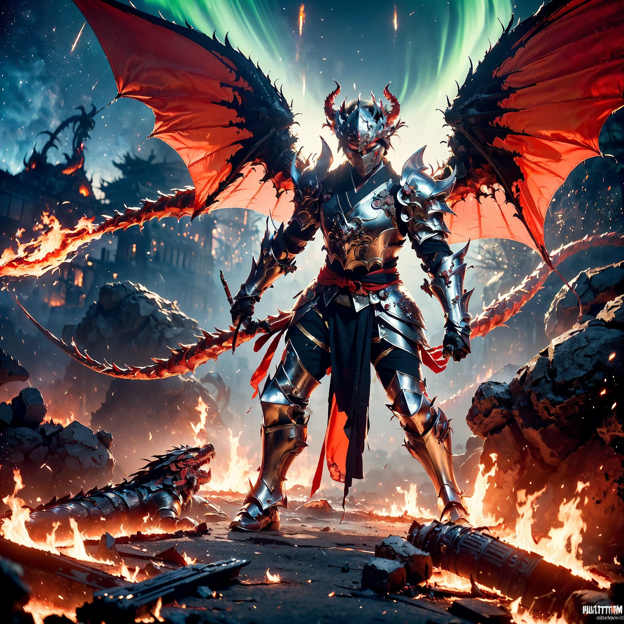 (((Realistic, masterpiece, best quality, crisp detail, high definition, high detail, very rich detail, sharp focus, sharp detail, colorful, rich color, perfect studio lightning))), ((20 years old, beautiful goddes of destructions, red hair)),(((in the middle of war, epic war scene, offensive stance))), wearing (((beautiful decorated golden heavy armor, fire dragon armor, decorated full body armor, fully armored beautiful kimono, wide fire wings))), (holding giant fire), (((blood everywhere, death everywhere, japan bakumatsu period, dead bodies, fire demons, burnt japanese castle, fire dragons, kaiju,meteor shower, aurora)) flooded by molten lava traditional village background), heavy fire rain,