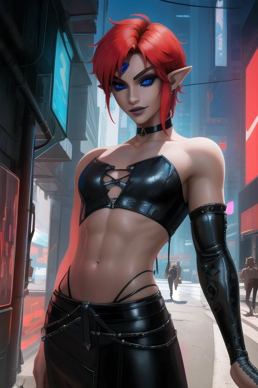 Link, boy, red hair,pointy ears,blue eyes, standing, smiling,  black eyeliner, lip gloss,  solo, Femboy, male,   cowboy shot,  
LGear, tube top, midriff,  toned,  choker,  
cyberpunk tavern, cyberpunk, 
(insanely detailed, beautiful detailed face, masterpiece, best quality)    