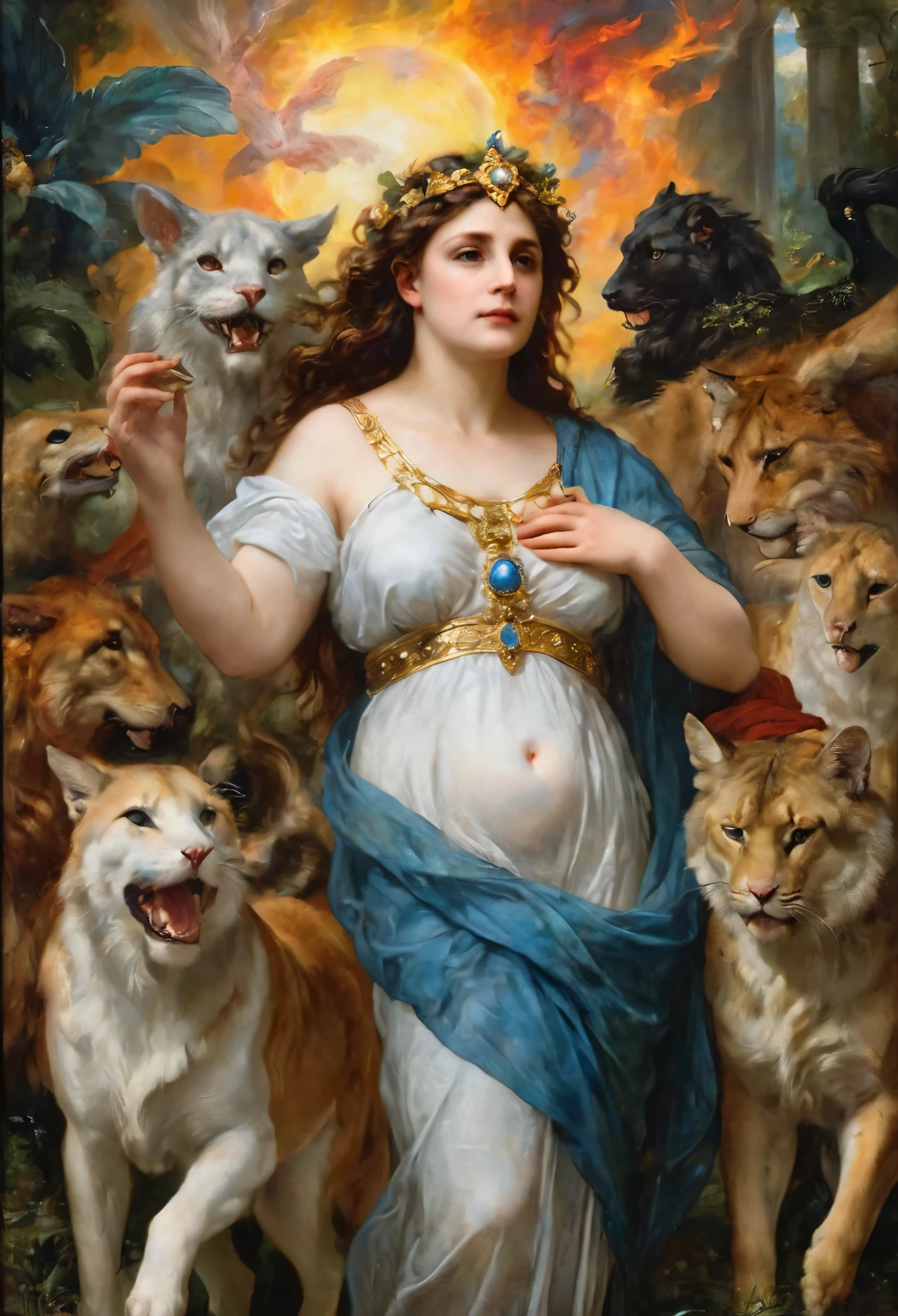 an oil painting art piece depicting the Greek Goddess Circe from Greek or Roman mythology, inspired by Peter Paul Rubens' painting style. Capture Circe's magical and enchanting presence as she stands with a mystical aura, surrounded by enchantments and mythical creatures. Infuse the painting with vibrant colors, dramatic lighting, and intricate details characteristic of Rubens' dynamic and emotive style. Let Circe's power and beauty shine through in a captivating portrayal that brings her mythological essence to life on the canvas, masterpiece, award winning, best quality, highly detailed, flawless artwork, beautiful nature in background,