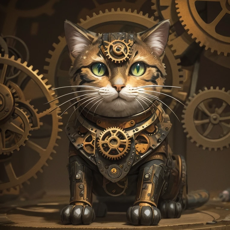 (mechanical cat), steampunk style, clockwork, gears, dull rusty metal, gloomy atmosphere, cinematic, 8k