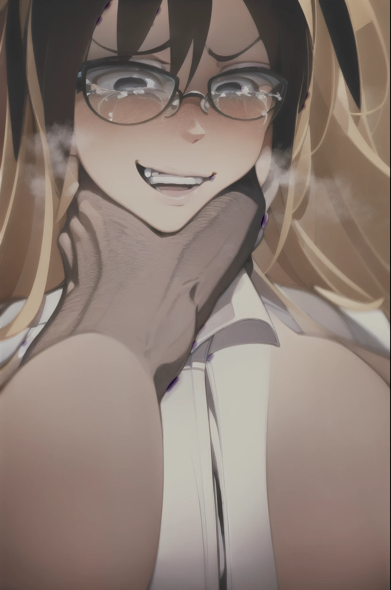 pov_strangling ,2girls, (pov:1.2),huge breasts,tears,white shirt,solo focus,glasses,,open mouth, eye rolling, blush,smirk,