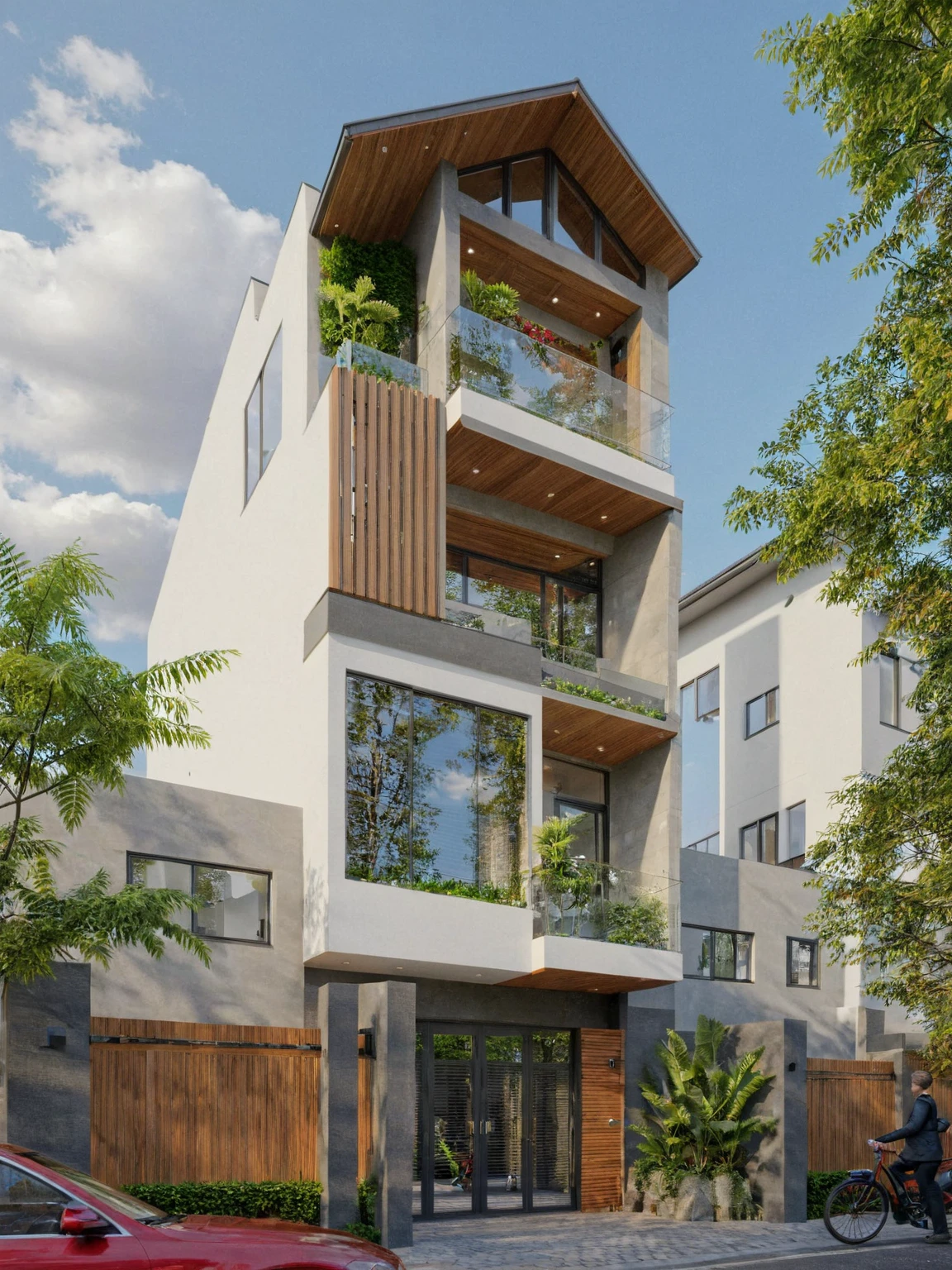 Raw photo,Masterpiece, high quality, best quality, authentic, super detail,
exterior, outdoors, house style modern on the street, glass windows, gate, wooden ceiling,
road,pavement, trees, sky, cloud, (daylight:1.1)