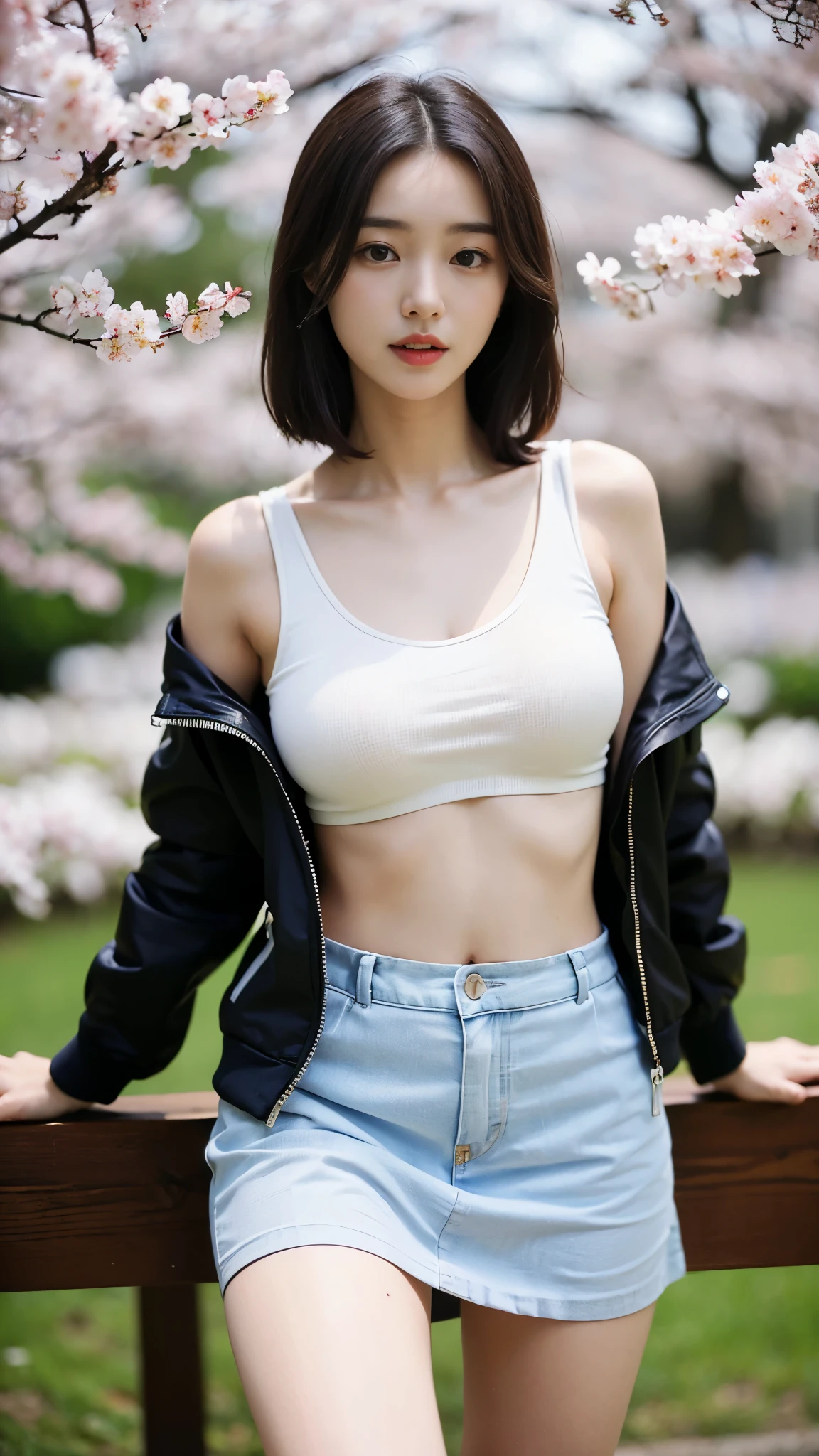 (((best quality, 8 thousand, masterpiece:1.4)), (20 year old woman), masterpiece, distinct, highres, high_quality, wide_shot, small_face, absurdly_short_hair, female, sagging_breasts, balancing, stretching, gentle_face, bare_shoulders, ((best quality)), ((masterpiece)), (detailed), perfect face, very big breasts, ultra high resolution room, 8k, perfect body, hud, Ergonomic, slim legs, small face, long eyelashes, Sparkling lips, eye for detail, clean skin, blemish-free face, korean beauty, 20 year old woman, 1 woman, Sexy pelvis, (Huge, saggy breasts), Made by Sosaku, Cherry Blossom나무, sakura bloomimg, Cherry Blossom, sakura season, Cherry Blossom 나무 아래, sakura tree, Cherry Blossoms, Cherry Blossom falling, hungry ghost festival, Cherry Blossom tree, Cherry Blossom trees, Indigo skirt,   jacket, 