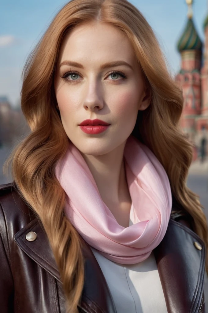 A close-up portrait of a gorgeous, beautiful, elegant russian woman wearing a stylish urban outfit: brown leather jacket and pink scarf. A redhead woman from Russia, delicate red lips, pastel pink skin tone, wearing a pale pink scarf, and white blouse, soft flawless pale skin, classy redhead woman, a majestic lady, dream beauty, ethereal beauty, delicate, sensitive, tender, femenine and strong woman. She's making a photo book on red square, posing for camera.