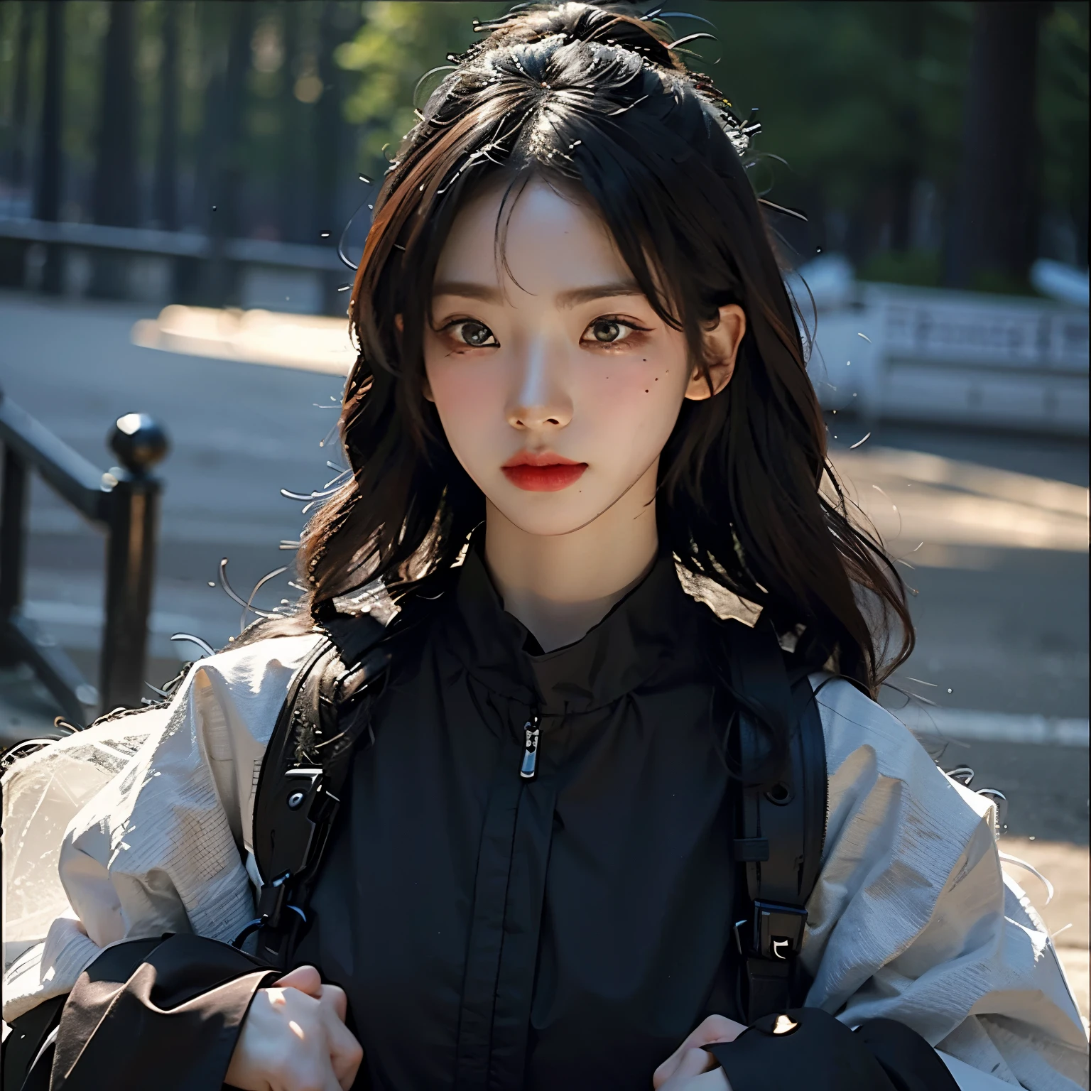 ((Best quality)), ((masterpiece)), (highly detailed:1.3), 3D, beautiful, samurai woman with long black hair, black clothes looking at camera, 8K, realistic, ultra masterpiece, dinamic style, dinamic pose
