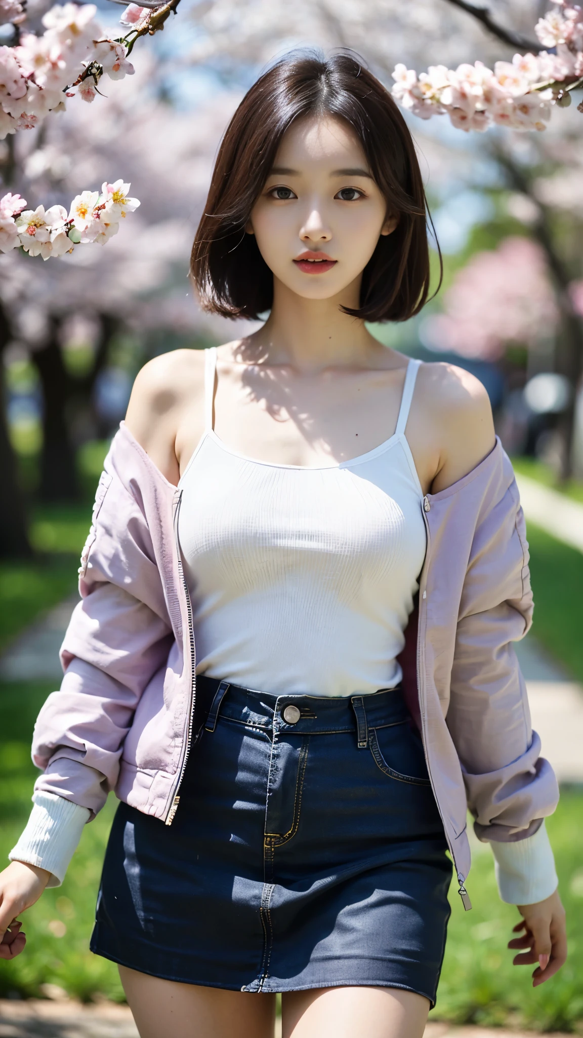 (((best quality, 8 thousand, masterpiece:1.4)), (20 year old woman), masterpiece, distinct, highres, high_quality, wide_shot, small_face, absurdly_short_hair, female, sagging_breasts, balancing, stretching, gentle_face, bare_shoulders, ((best quality)), ((masterpiece)), (detailed), perfect face, very big breasts, ultra high definition, 8k, perfect body, hud, Ergonomic, slim legs, small face, long eyelashes, Sparkling lips, eye for detail, clean skin, blemish-free face, japanese beauties, 20 year old woman, 1 woman, Sexy pelvis, (Huge, saggy breasts), Made by Sosaku, Cherry Blossom나무, sakura bloomimg, Cherry Blossom, sakura season, Cherry Blossom 나무 아래, sakura tree, Cherry Blossoms, Cherry Blossom falling, hungry ghost festival, Cherry Blossom tree, Cherry Blossom trees, Indigo skirt,  jacket, 