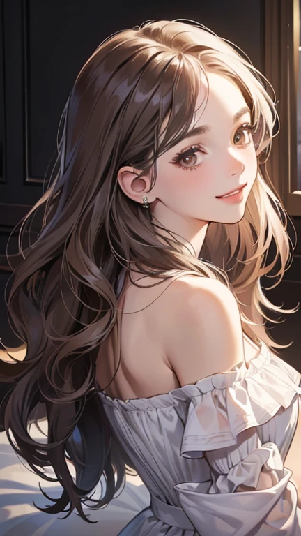 (at night, digital illustration, 4k, 8k, Super detailed, beautiful images, clear image, perfect face, perfect lines, perfect eyes) 1 female, (in bedroom, gray long wavy hair, innocent look, look at viewer, side view,Over-the-shoulder ,droopy eyes, brown eyes, innocence, cute, smile gently,27 years old:1.3, embarrassing, shy smile:1.2), off shoulder top , Piercing