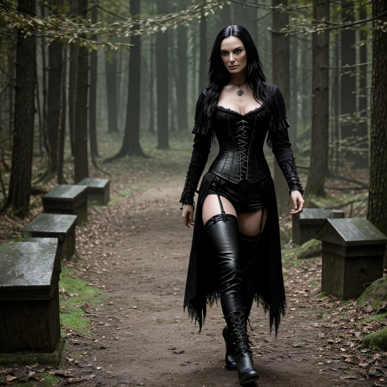 1 woman, Famke Janssen, film Hansel and Gretel Witch Hunters, 30 years old, age 30, black long hair, black, gothic style, ultra detailed face, hyperrealistic, realistic depiction, full body view, gothic style, dancing at a gothic festival, wearing a corset and long leather pants, shoes "New Rocks"