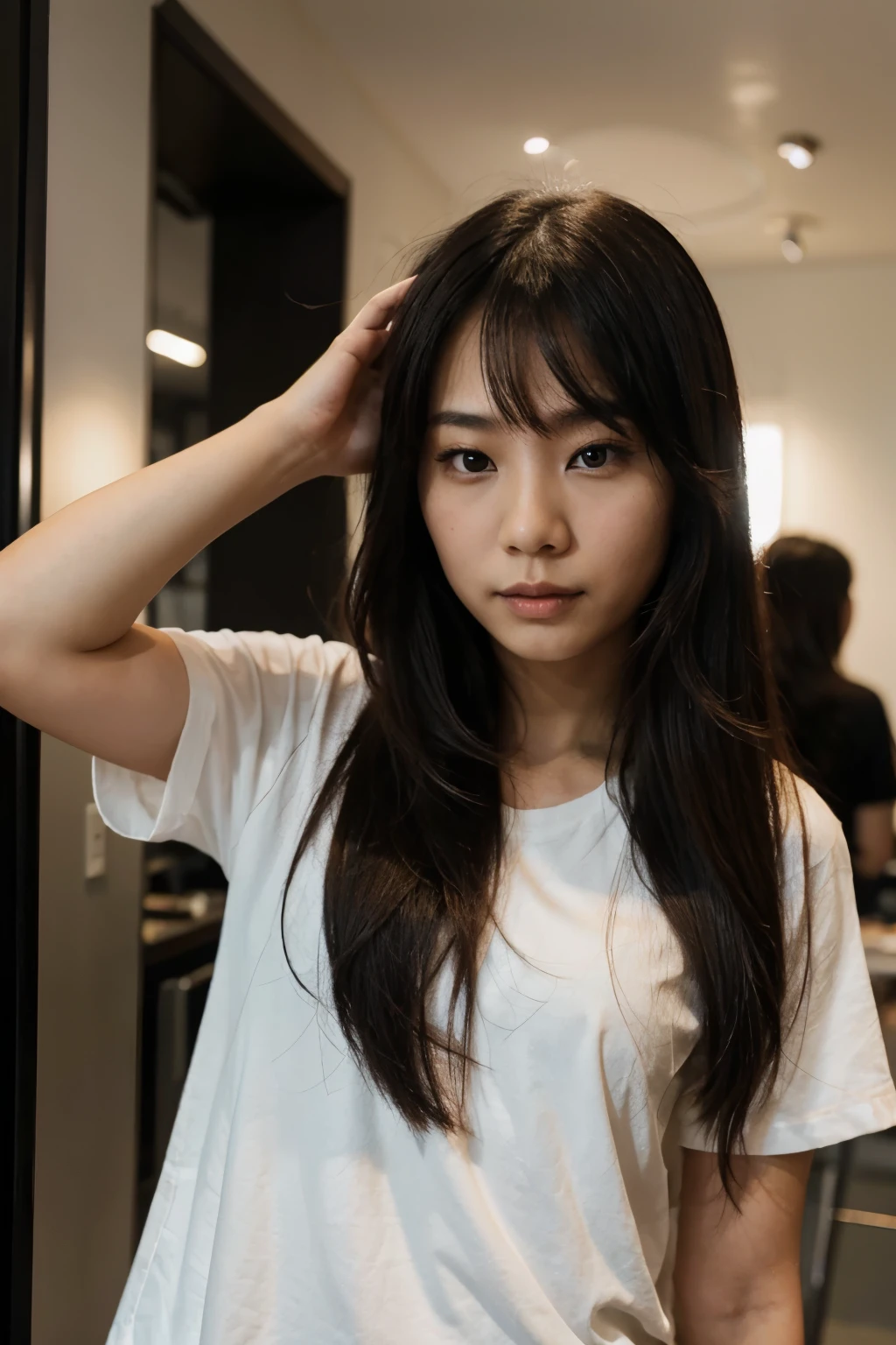 asian girl taking picture with her hair in her face
