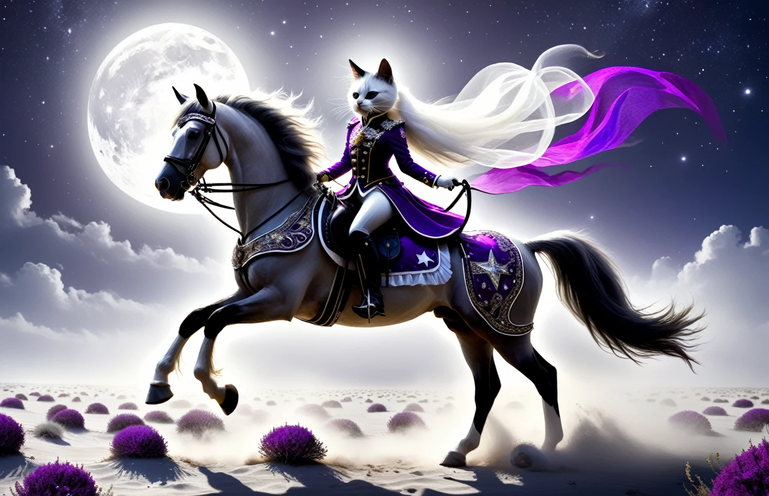 Surrealism, Star光环, Monochrome in the bright embrace of moonlight serenade, kitten mariachi band, Wearing richly decorated cavalry uniform,Deep purple accents capture the whispers of the night, Riding on his trust (White steed:1.2), A horse gallops quietly on the whispering plain. Sitting proudly in the saddle, Compared, Tone, texture, detailed, Star, Colorful halo, Vibrant energy, expressive, dramatic, organic lines and forms, dreamy and mysterious, Surrealism