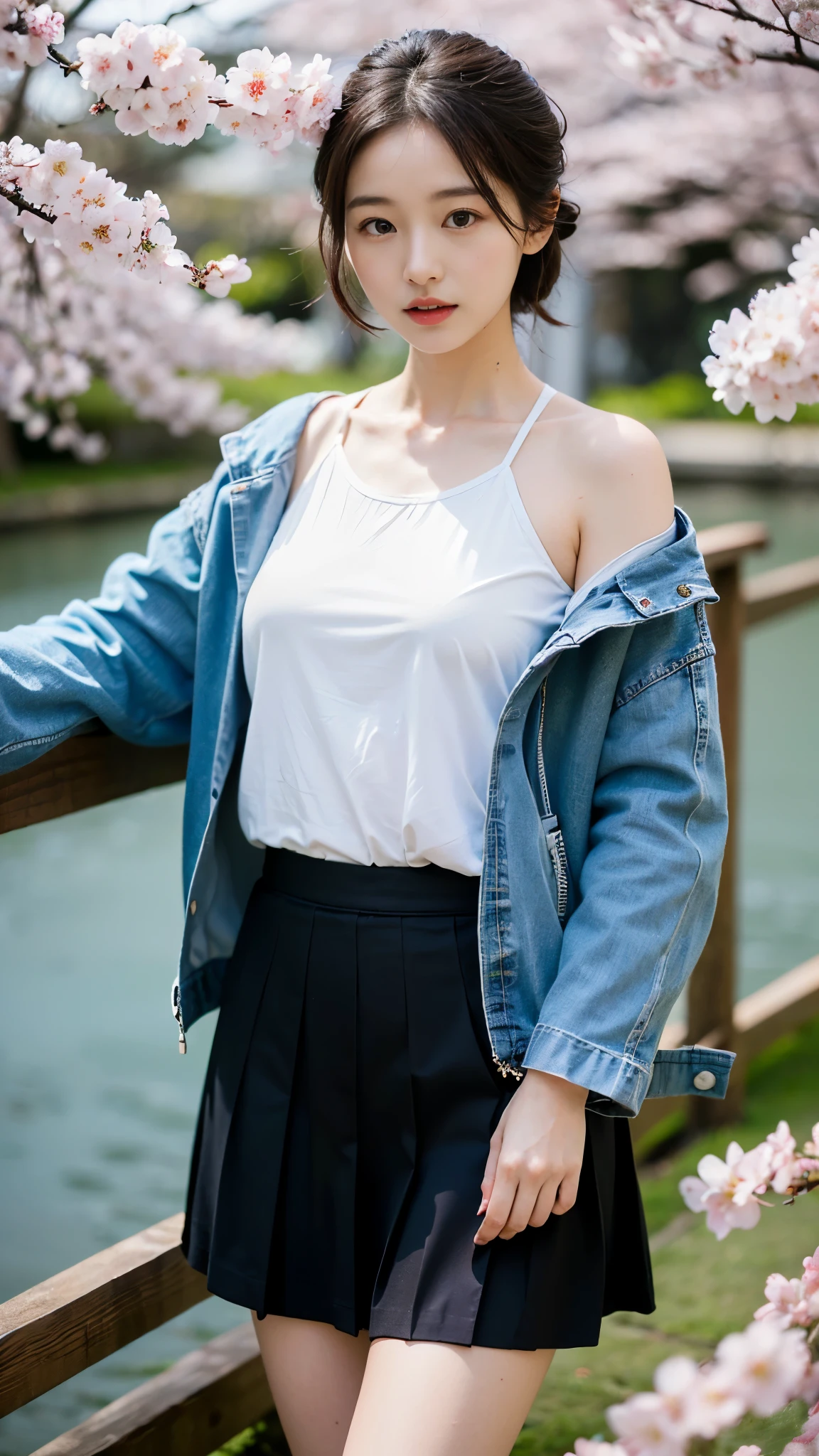 (((best quality, 8 thousand, masterpiece:1.4)), (20 year old woman), masterpiece, distinct, highres, high_quality, wide_shot, small_face, absurdly_short_hair, female, sagging_breasts, balancing, stretching, gentle_face, bare_shoulders, ((best quality)), ((masterpiece)), (detailed), perfect face, very big breasts, ultra high definition, 8k, perfect body, hud, Ergonomic, slim legs, small face, long eyelashes, Sparkling lips, eye for detail, clean skin, blemish-free face, japanese beauties, 20 year old woman, 1 woman, Sexy pelvis, (Huge, saggy breasts), Made by Sosaku, Cherry Blossom나무, sakura bloomimg, Cherry Blossom, sakura season, Cherry Blossom 나무 아래, sakura tree, Cherry Blossoms, Cherry Blossom falling, hungry ghost festival, Cherry Blossom tree, Cherry Blossom trees, Indigo skirt, jacket, Beautiful Japanese bridge crossing a river, A scene from a movie,