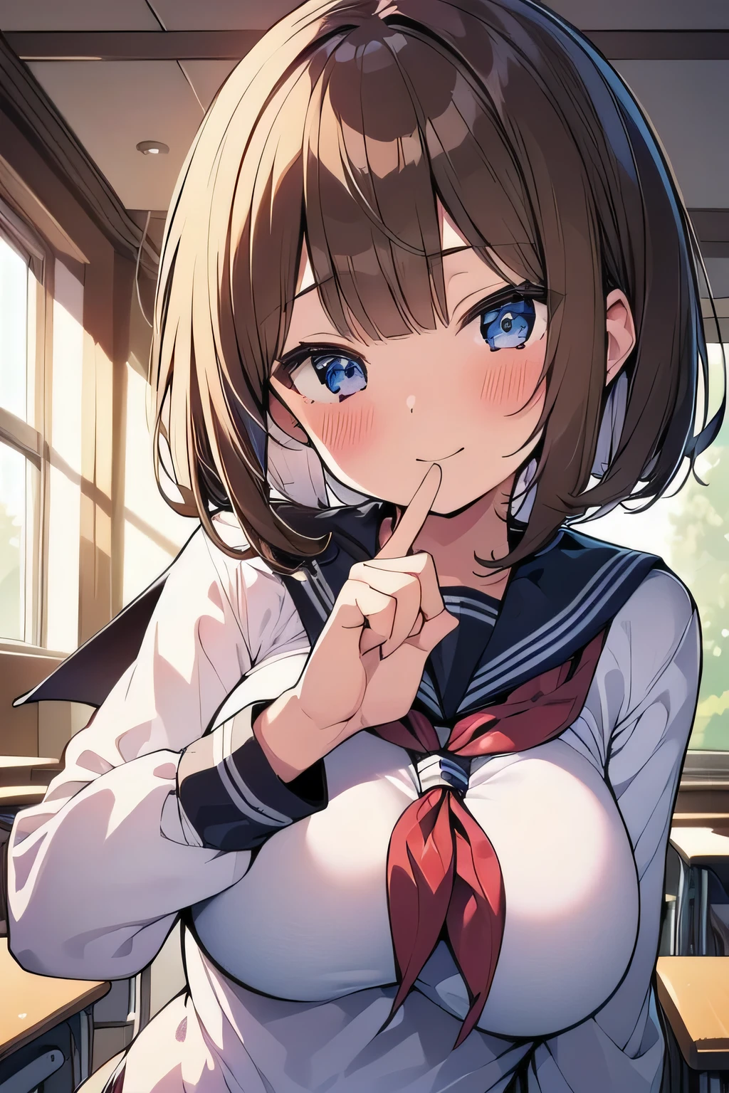 (best quality), (Super detailed), (Best Illustration), (1girl), look at viewer, upper body, (long sleeve, white serafuku), (large breasts:1.2), light smile, blush, brown hair, (bob cut), curly hair, hairs between eyes, blue eyes, (school:1.3),