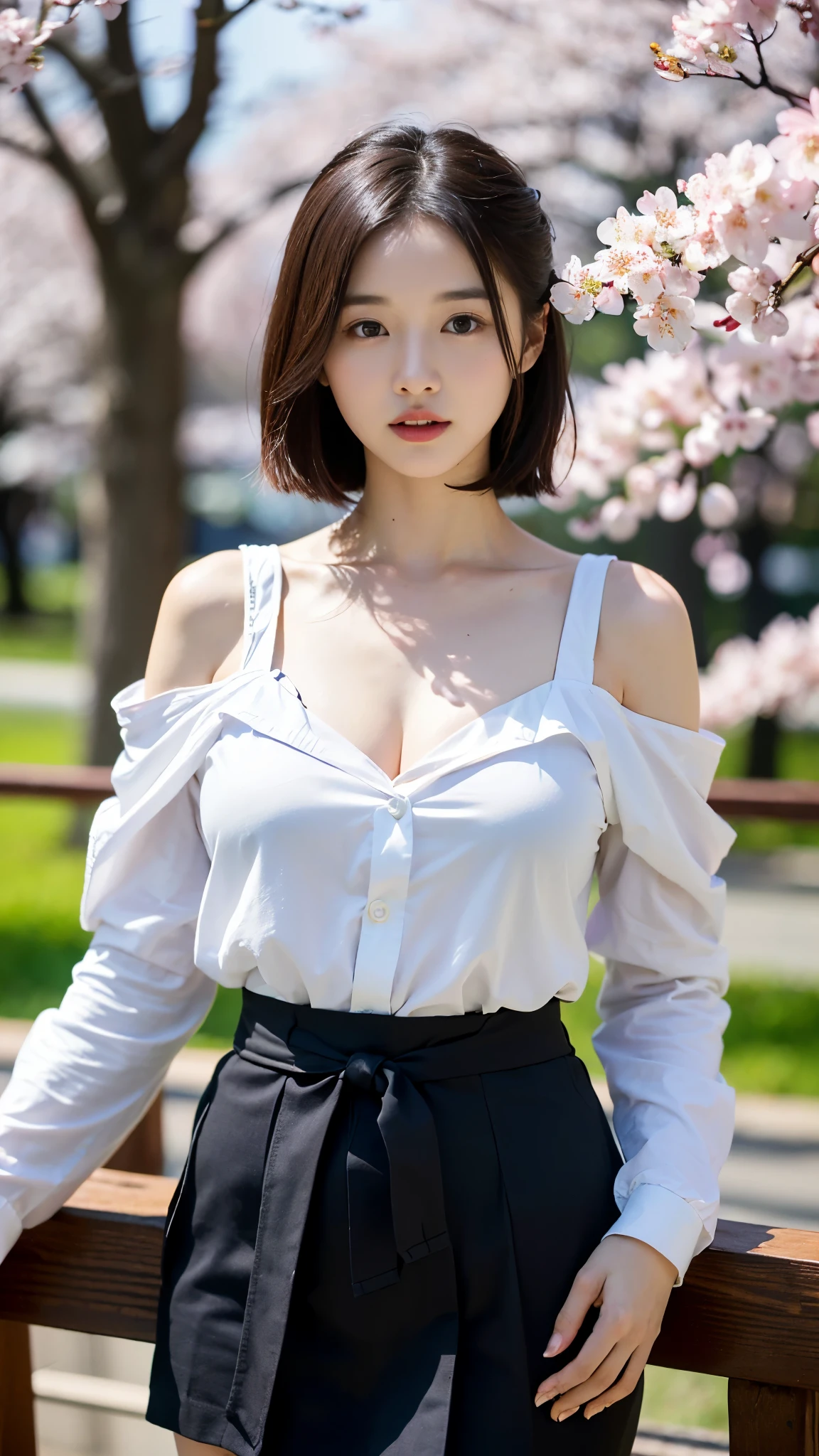 NSFW, 8k RAW photo, top-quality, ​masterpiece, 超A high resolution, film grains, filmg, 1girl in, looking at the viewers, natural skin textures, realistic eyes and face details, Full lips,, Fluffy short hair, hair messy, A smile, closes mouth, Beautiful legs, Tall lady, skiny, slim_Legs, 独奏, huge-breasted, a miniskirt, The shirt, Beautiful natural places, Around the position of the flower, (细致背景),  white  shirt, huge-breasted, lowfers, blurry backround, bblurry, ngel, Plaid, shortsleeves, JK ribbon on neck, JK Ribbon, brown haired, A bracelet, Eau, bangss, 校服, jewely, cparted lips, s lips, pleatedskirt, depth of fields