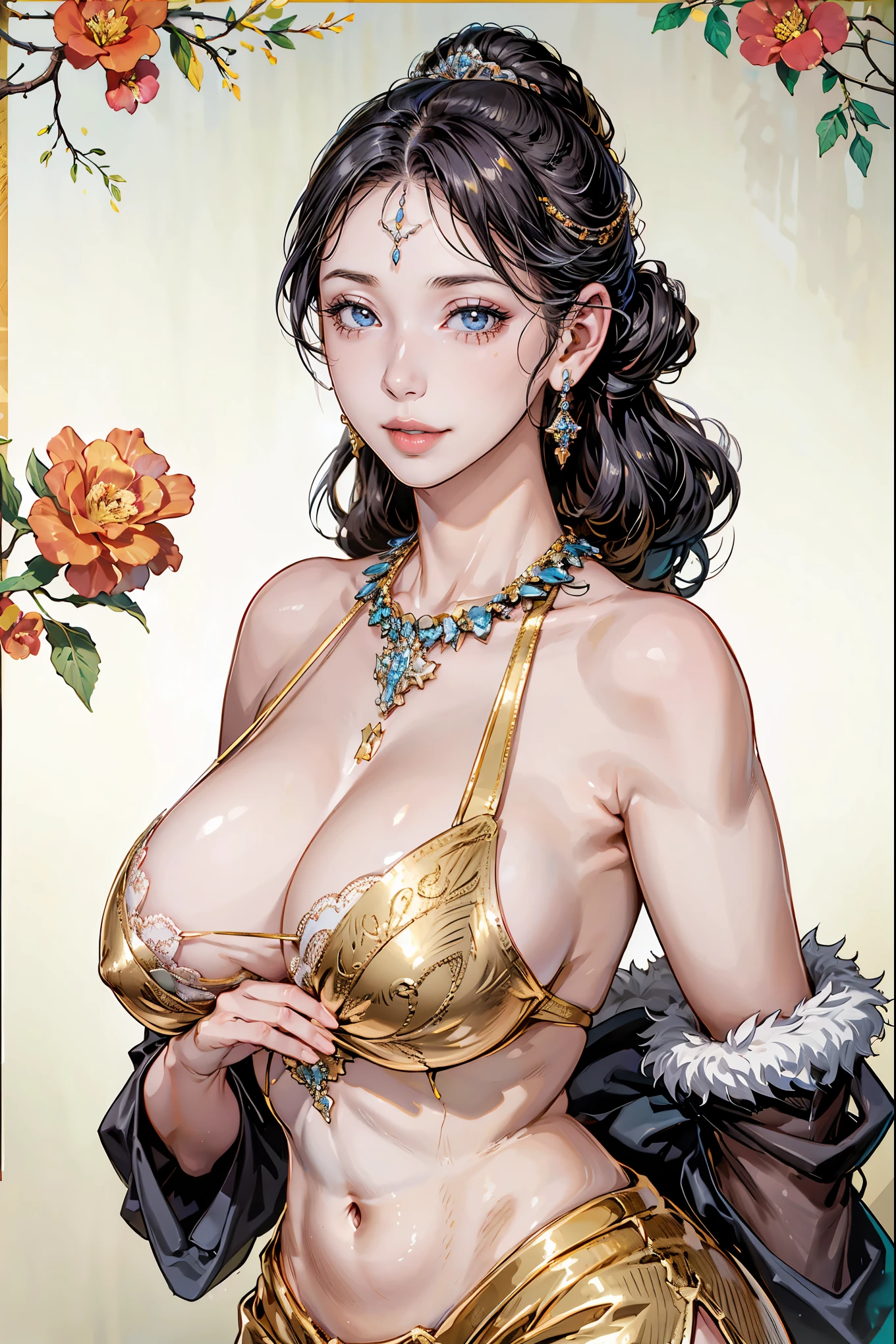 shoujo-style, (floral background, romance manhwa),1girl, gentle smile, Medieval queen, aristocrat, noble, jewelry, ((fur coat)), jewelry, (puffy sleeve:1.2), golden, earrings, armlet, bracelet, luxury, celebrity, Throne, looking at viewer, drill hair, voluminous hair, Curl inside hair, cleavage, navel, gigantic breast, hanging breast, upper body, dynamic cut, dutch angle