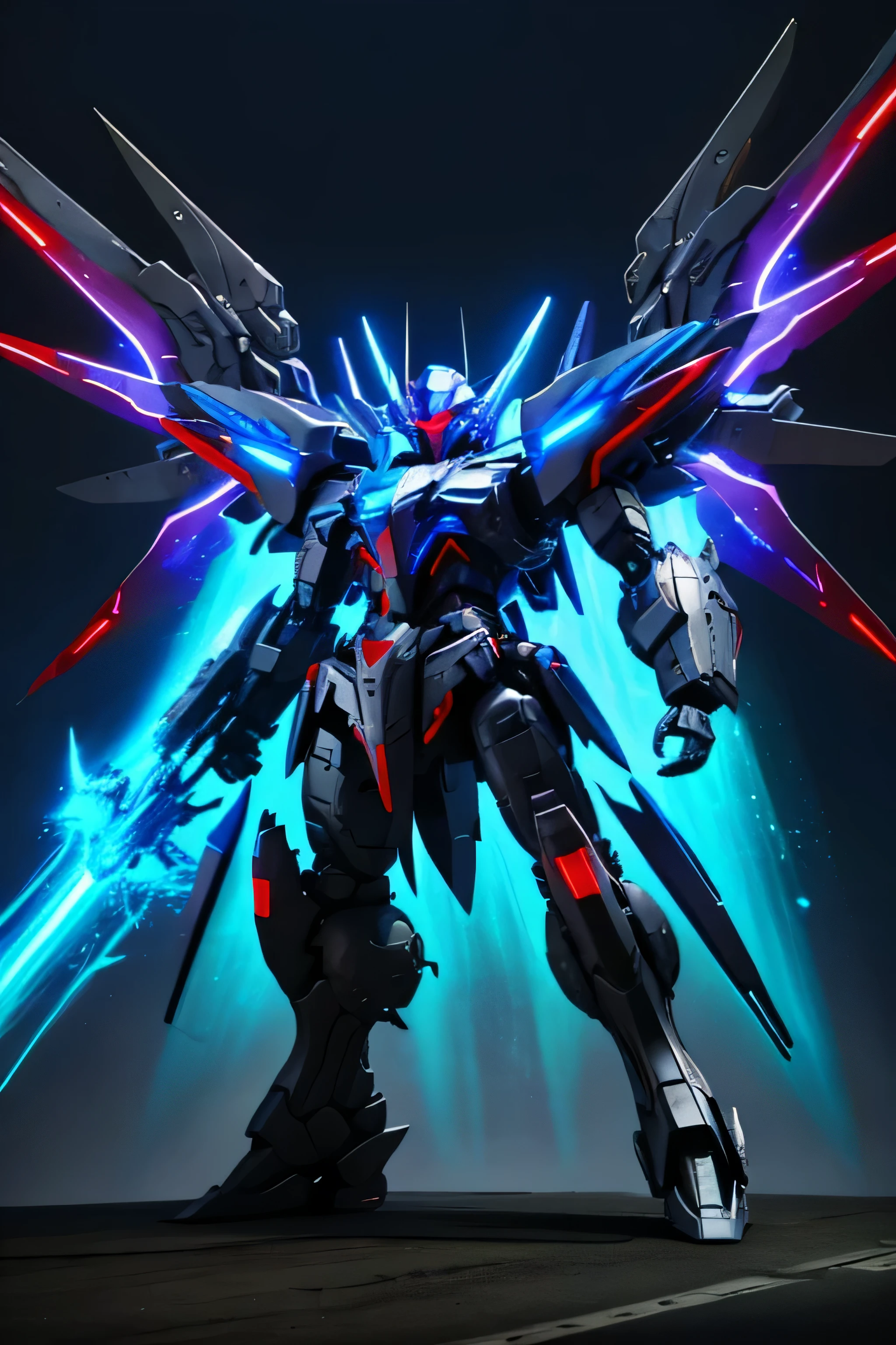 slim blue mecha with glowing red eyes, metal wing, and heavy weapon. blue glowing thunderstorm in backgound