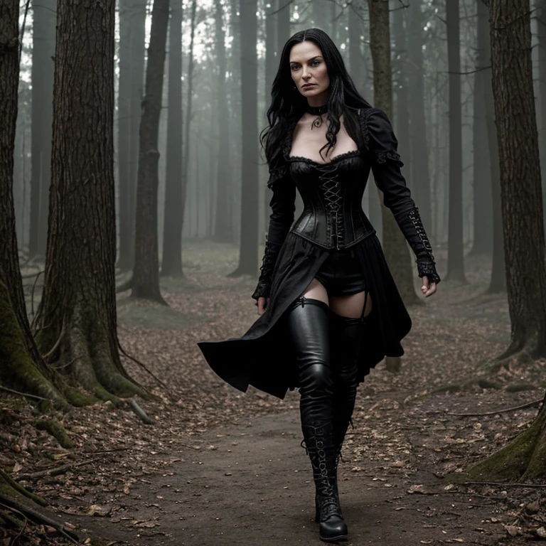 1 woman, Famke Janssen, film Hansel and Gretel Witch Hunters, 30 years old, age 30, black long hair, black, gothic style, ultra detailed face, hyperrealistic, realistic depiction, full body view, gothic style, dancing at a gothic festival, wearing a corset and long leather pants, shoes "New Rocks"